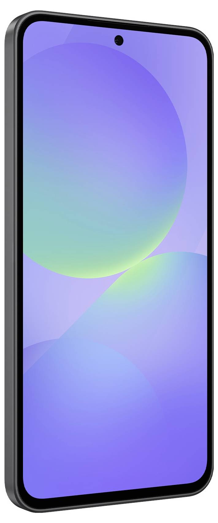Moderní smartphone s velkým, zářícím displejem v modrých a zelených tónech. Přístroj má úzké okraje a přední kameru.