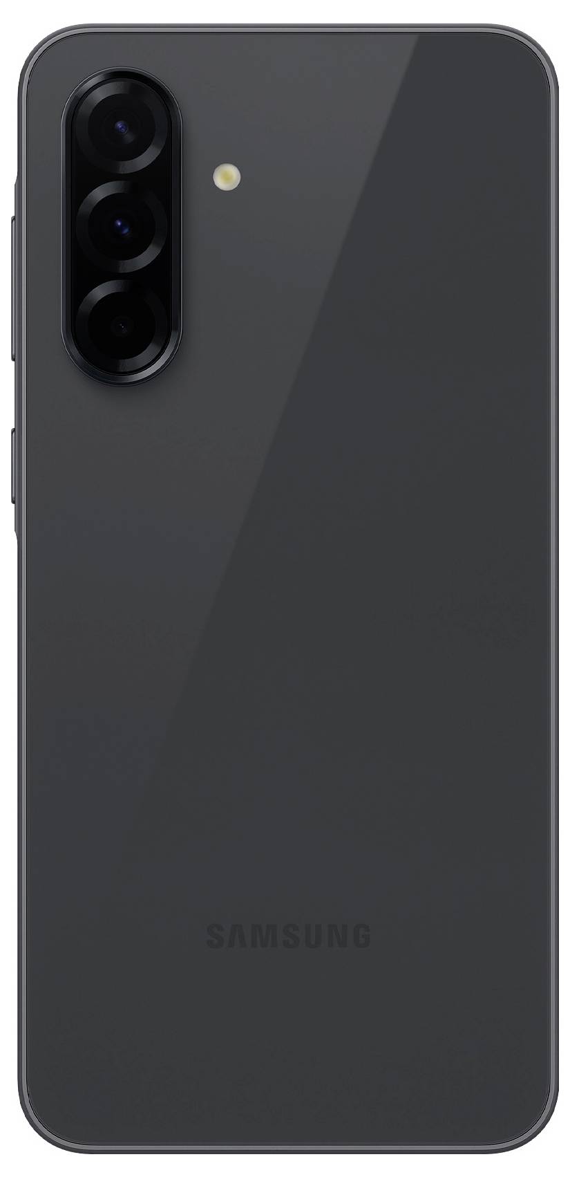 Zadní pohled černého smartphonu se třemi fotoaparátovými objektivy a LED bleskem.