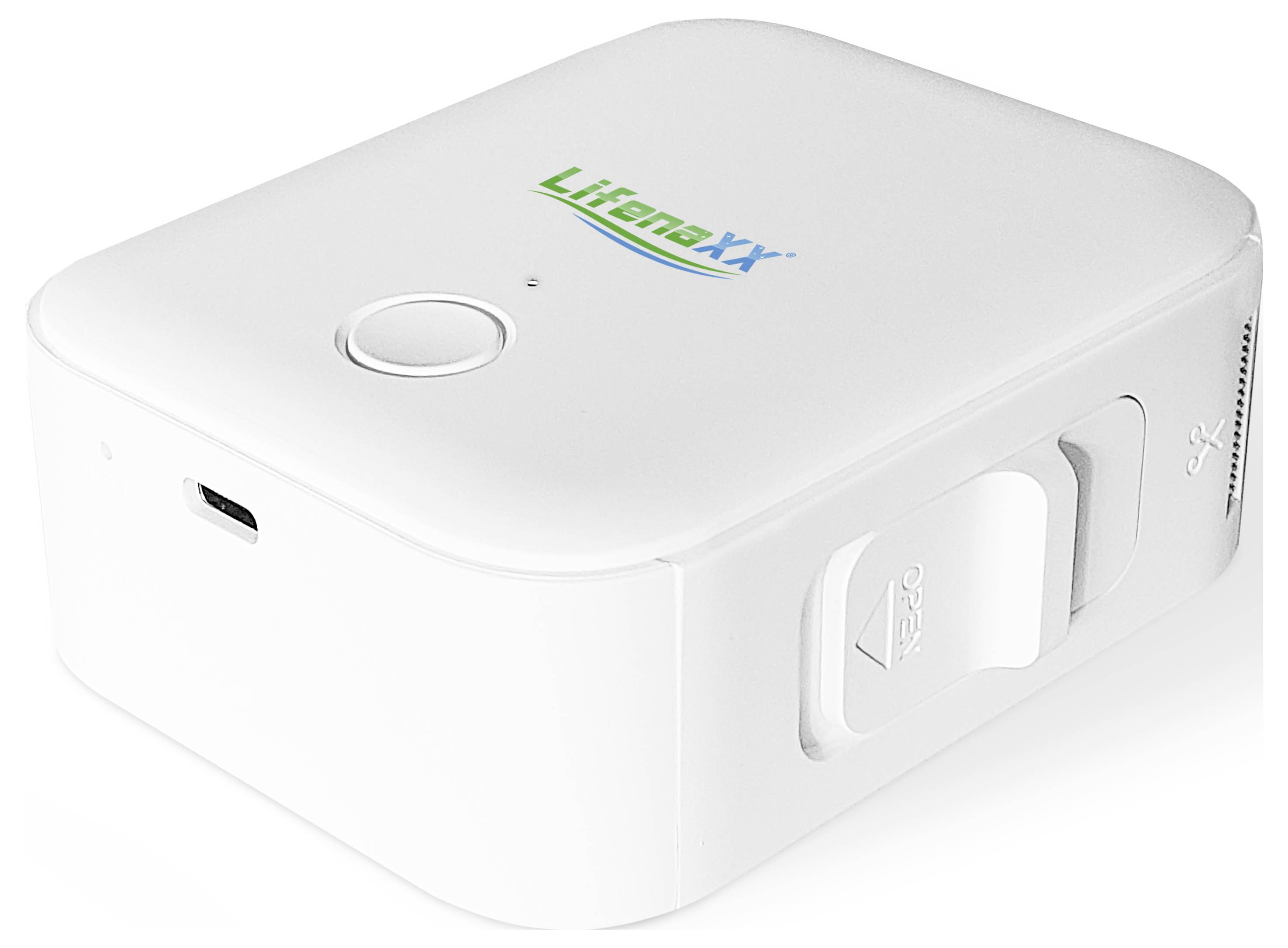 Bílý čtvercový bluetooth reproduktor s USB portem a ovladačem hlasitosti na boku. Označení: 'Lifenaxx'.