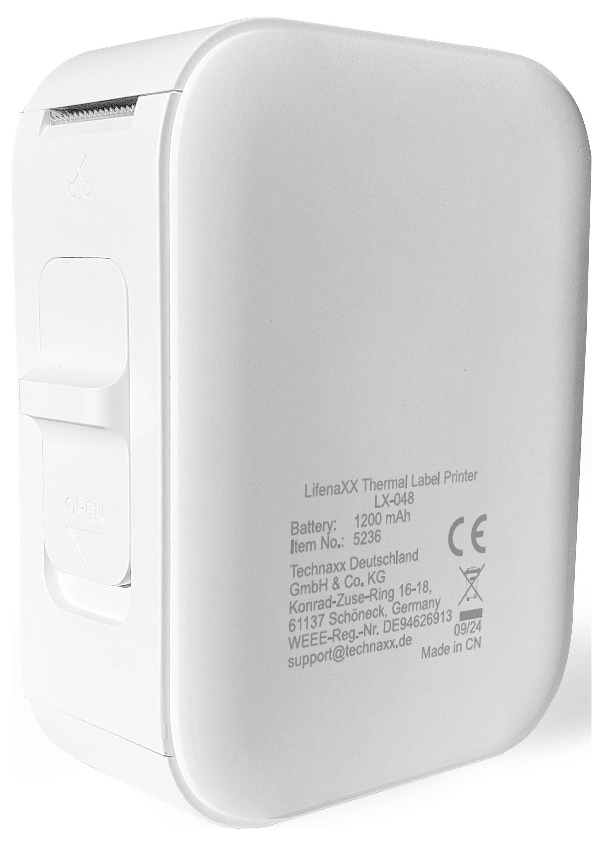 Kompaktní, bílá termotiskárna s nápisem 'LifenaXX Thermal Label Printer LX-048', kapacita baterie 1200 mAh, vyrobeno v Německu.