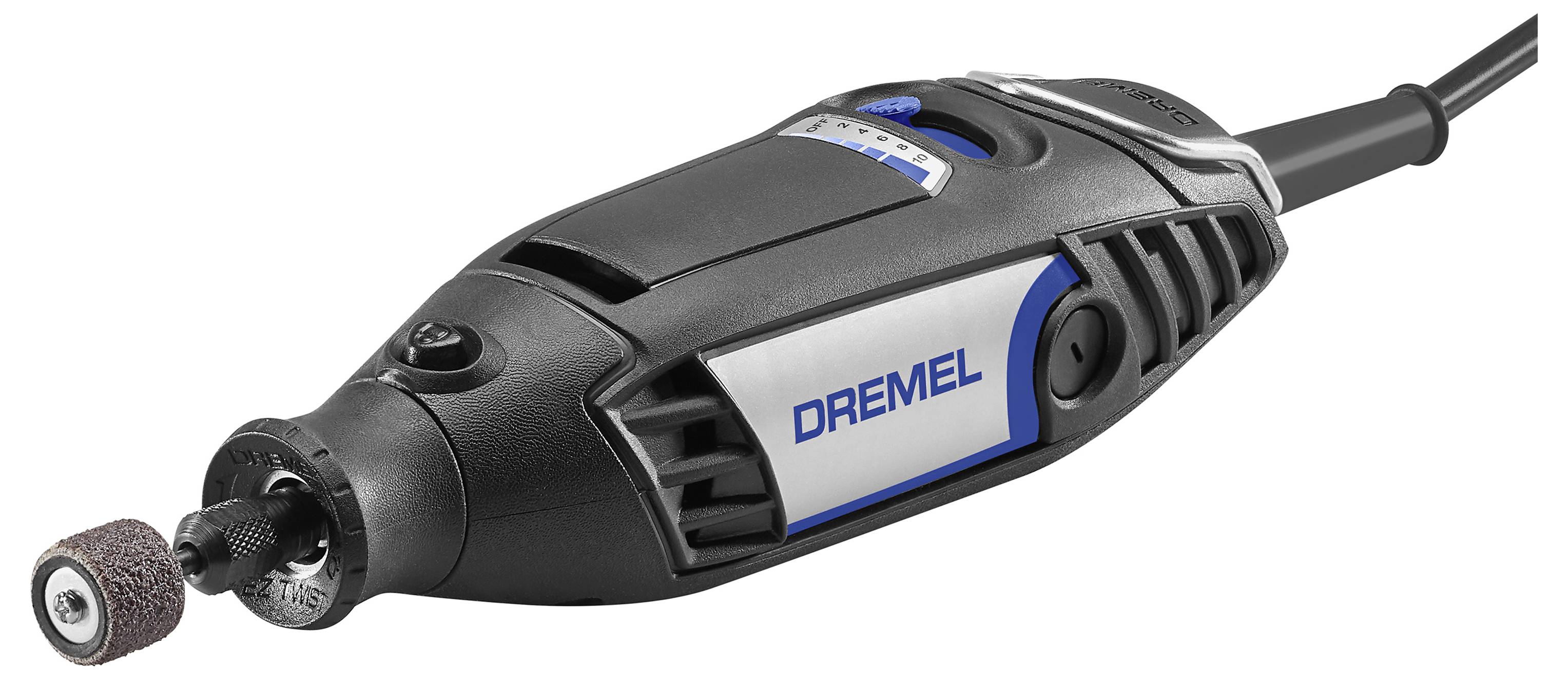 Přenosný Dremel nástroj s nástavcem, vhodný pro přesné broušení a gravírování. Černé pouzdro s šedými a modrými akcenty.