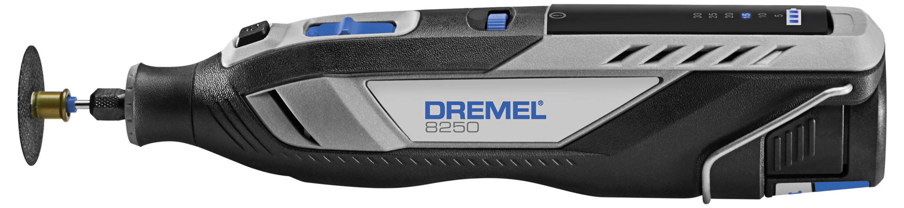 Akumulátorový Dremel 8260 rotační bruska v černé a stříbrné barvě s brusným kotoučem a logem Dremel.