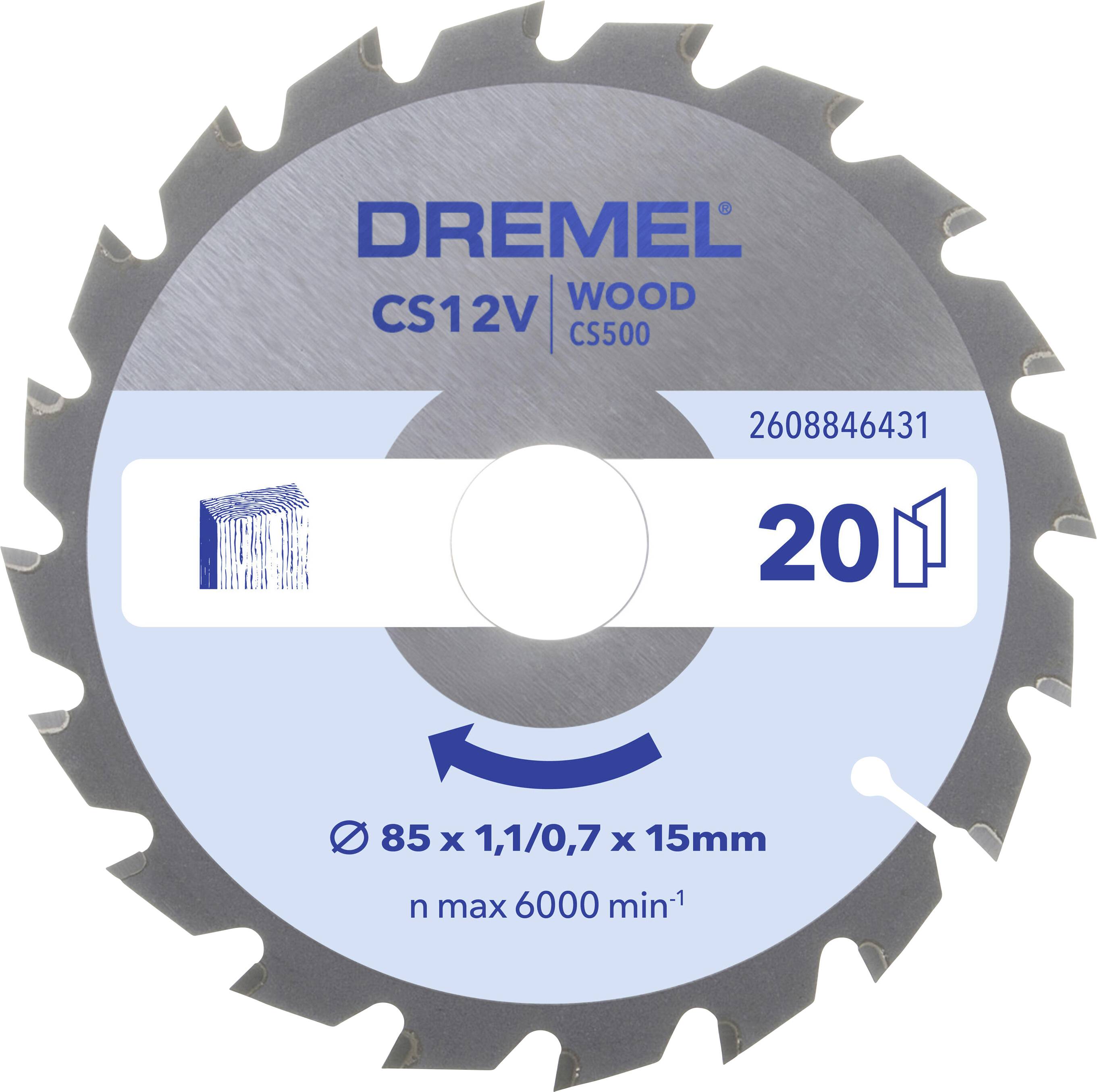 Pilový kotouč značky Dremel, model CS12V, speciálně určený pro dřevo. Průměr 85 mm, vhodný pro max. 6000 ot/min.