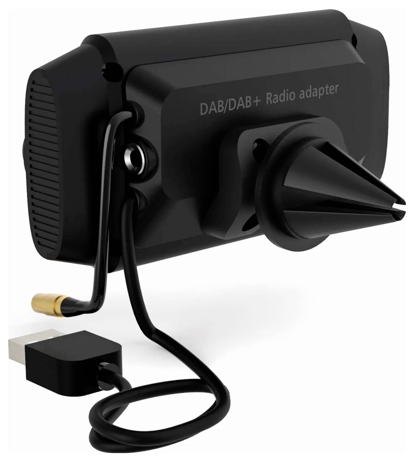 DAB/DAB+ rádiový adaptér v černé barvě, s USB připojením a držákem na větrací mřížku pro upevnění ve vozidle.
