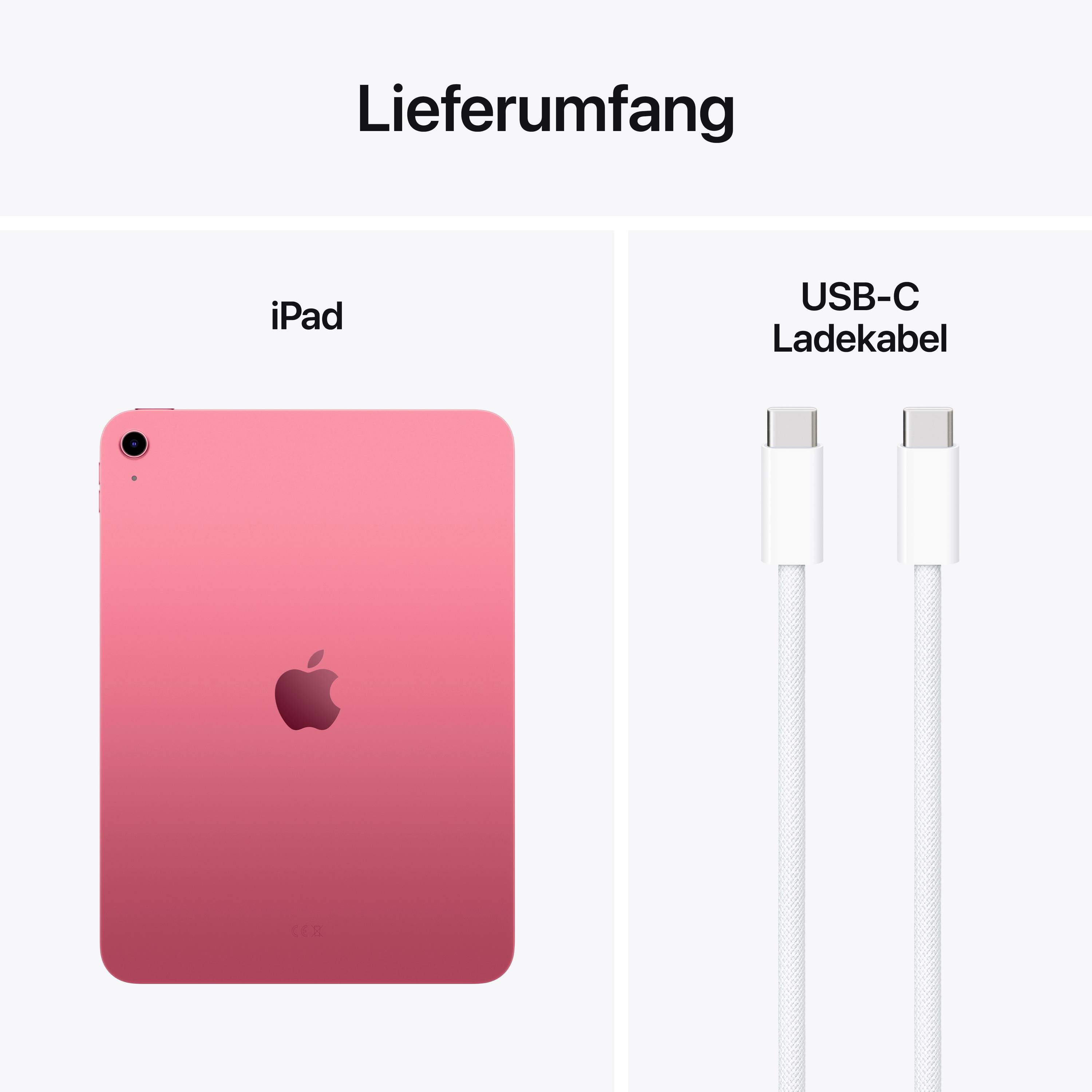 'Obsah balení: iPad v červené barvě a nabíjecí kabel USB-C'