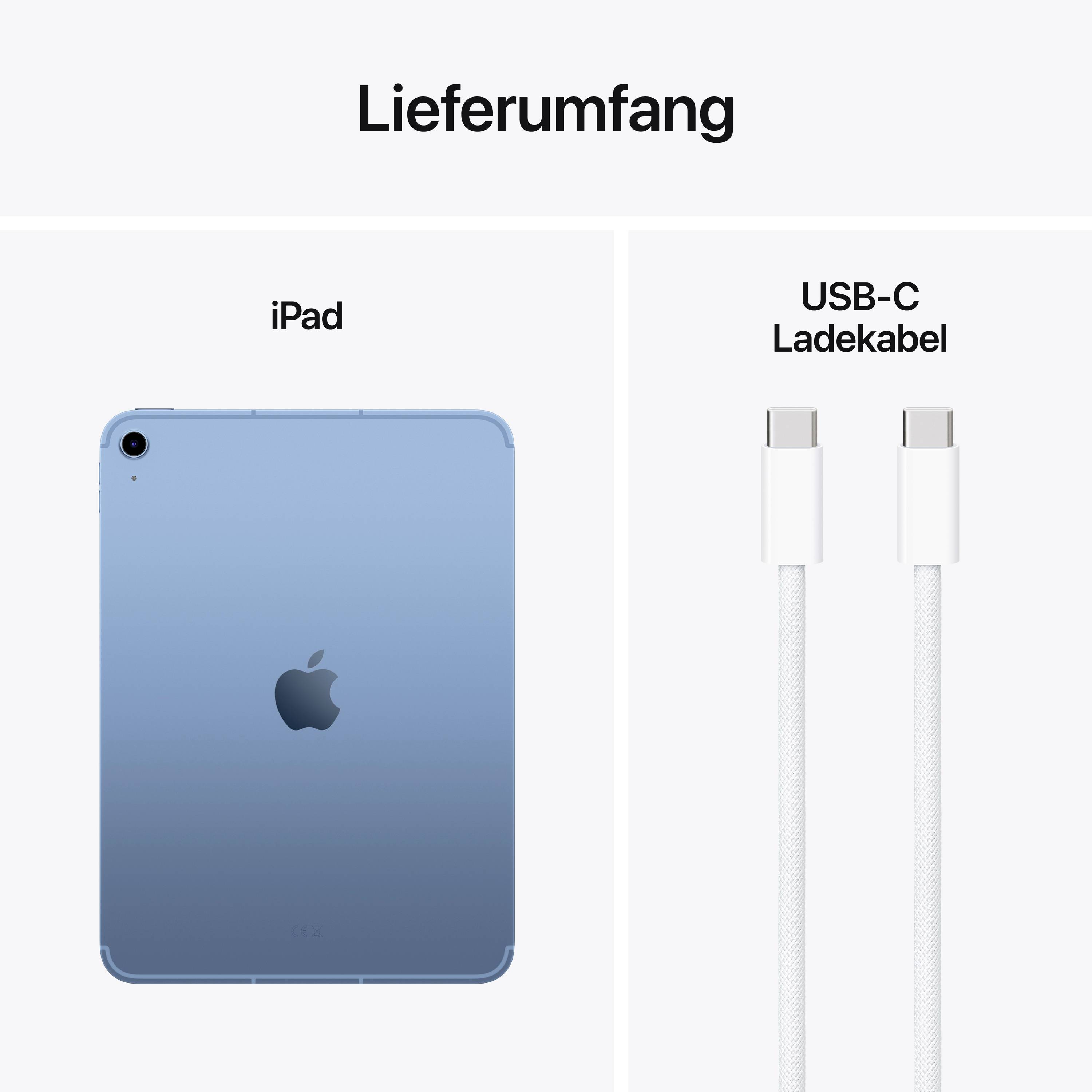 Rozsah dodávky zahrnuje modré iPad a nabíjecí kabel USB-C.