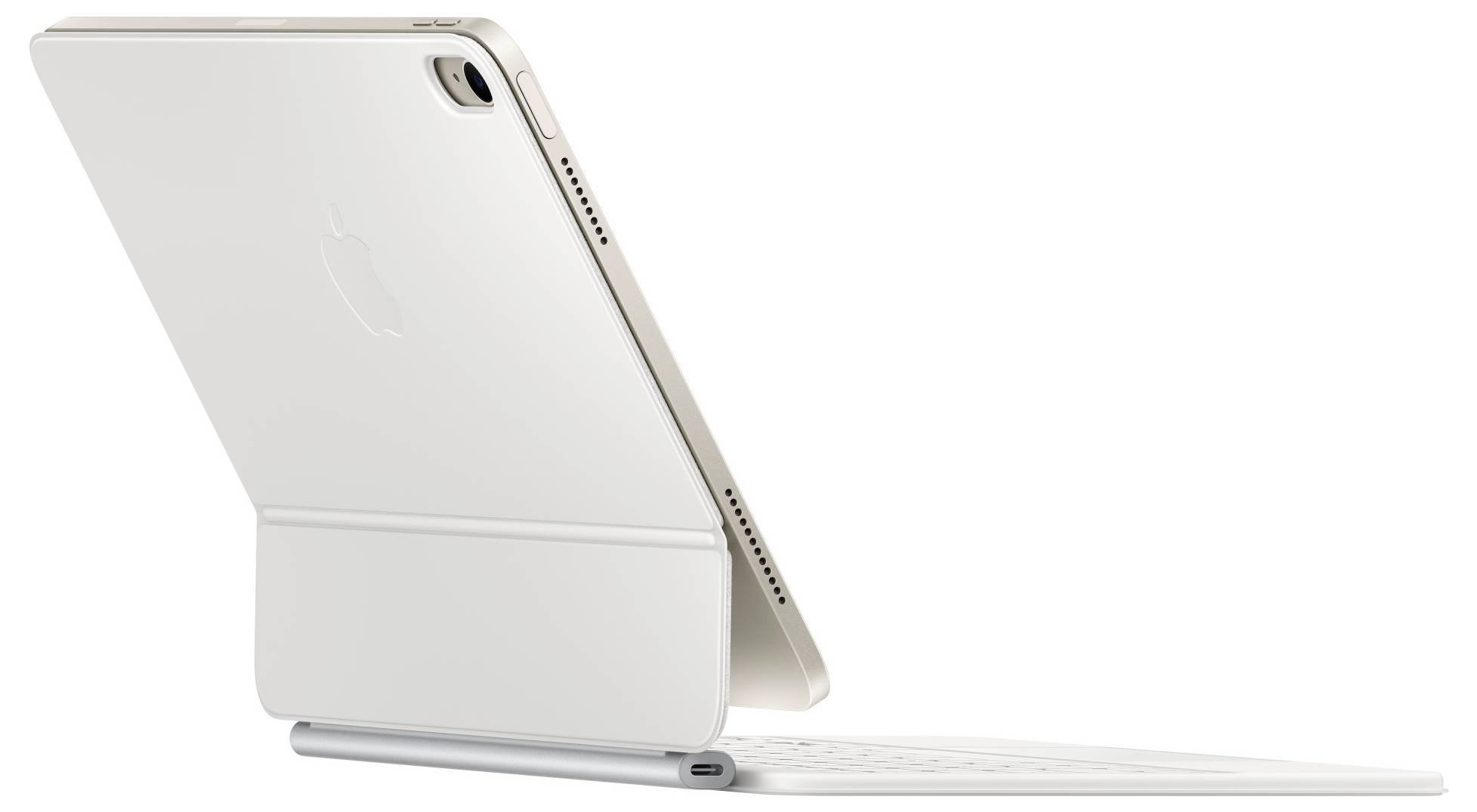 Tablet s bílým pouzdrem a klávesnicí ve tvaru L, pohled z boku. Zařízení je umístěno na výšku a ukazuje zadní stranu s fotoaparátem.