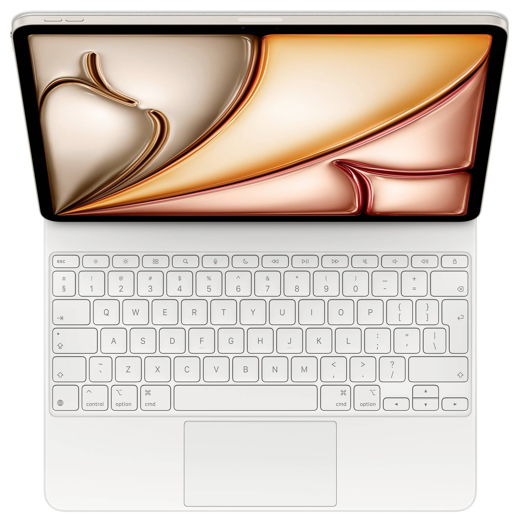Bílý notebook s otevřenou obrazovkou a klávesnicí, na obrazovce grafický vzor v béžových a oranžových odstínech.