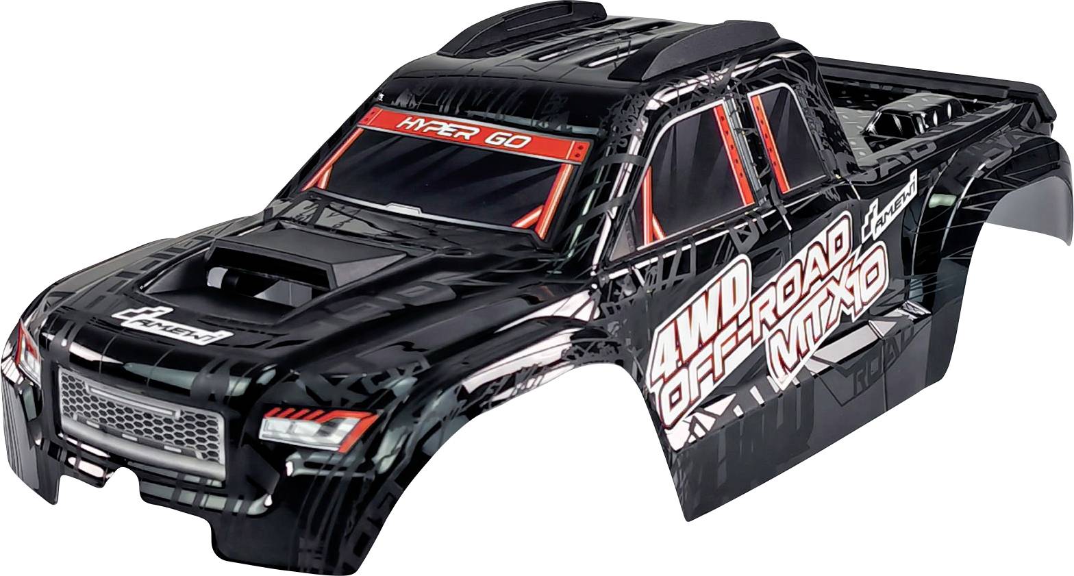 Černá karoserie terénního RC truck s nápisem '4WD OFFROAD MOTO'. Obsahuje červené a bílé akcenty.