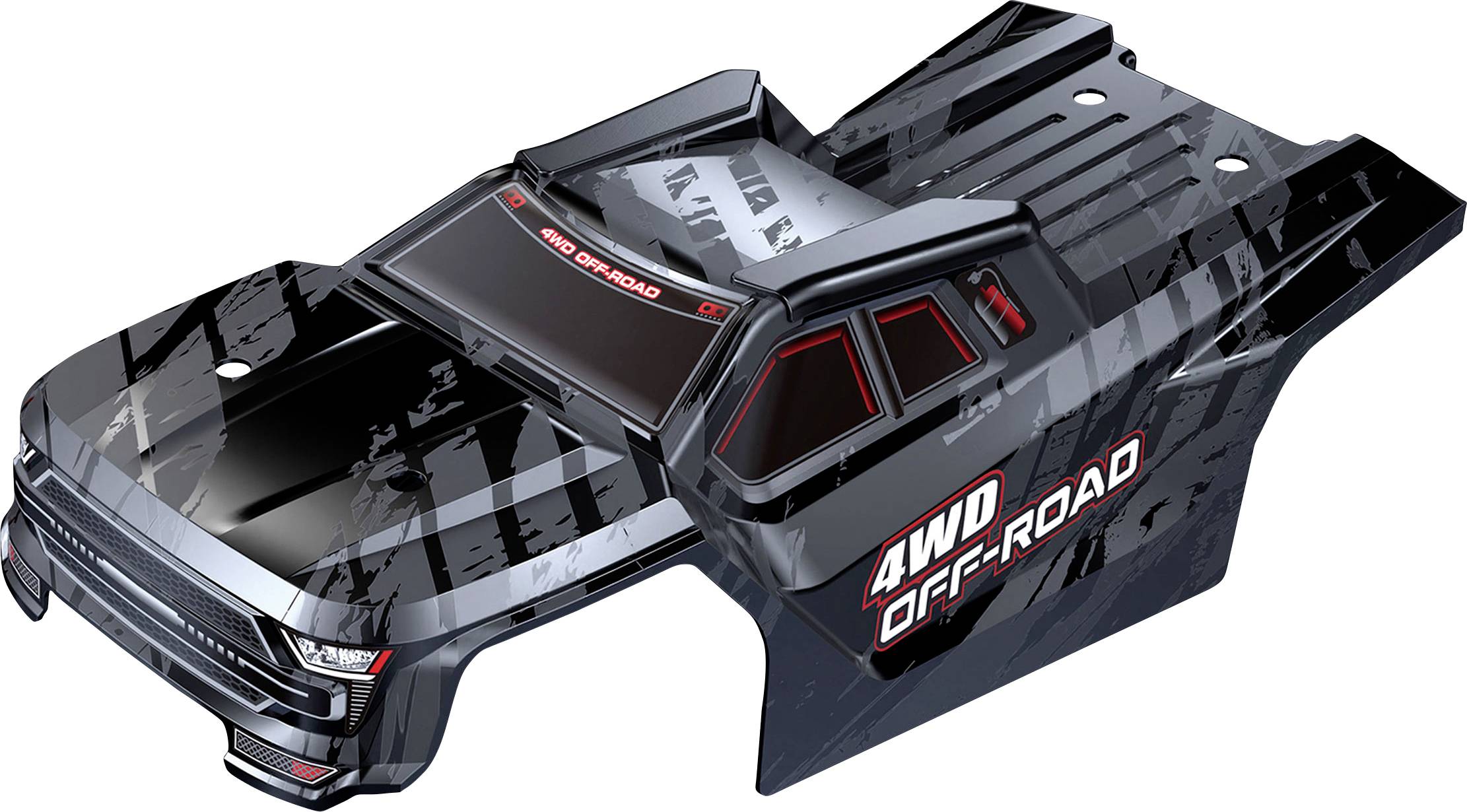 RC autová karoserie s nápisem '4WD Offroad' po straně, černý maskáčový design s liniovým vzorem a červenými okny.
