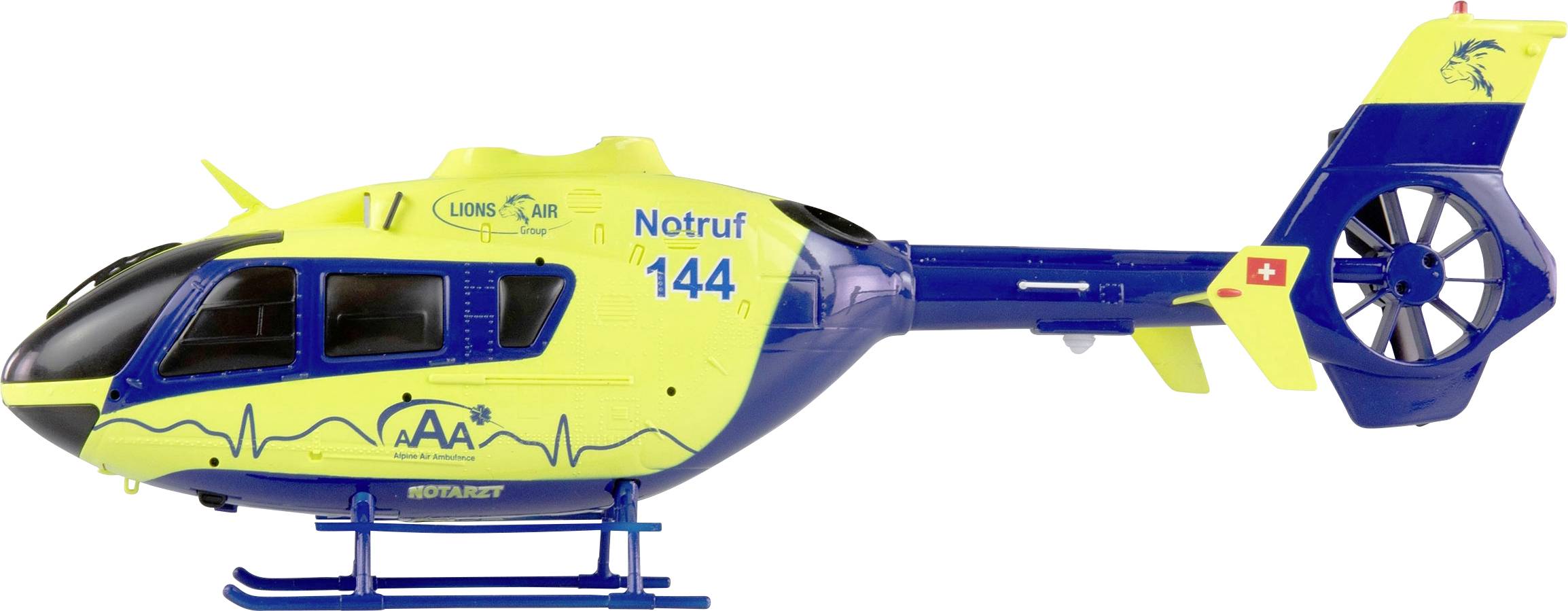 Model hračky záchranářské vrtulníku v modré a žluté barvě s nápisem 'Notruf 144' a 'AAA', pohled z boku.