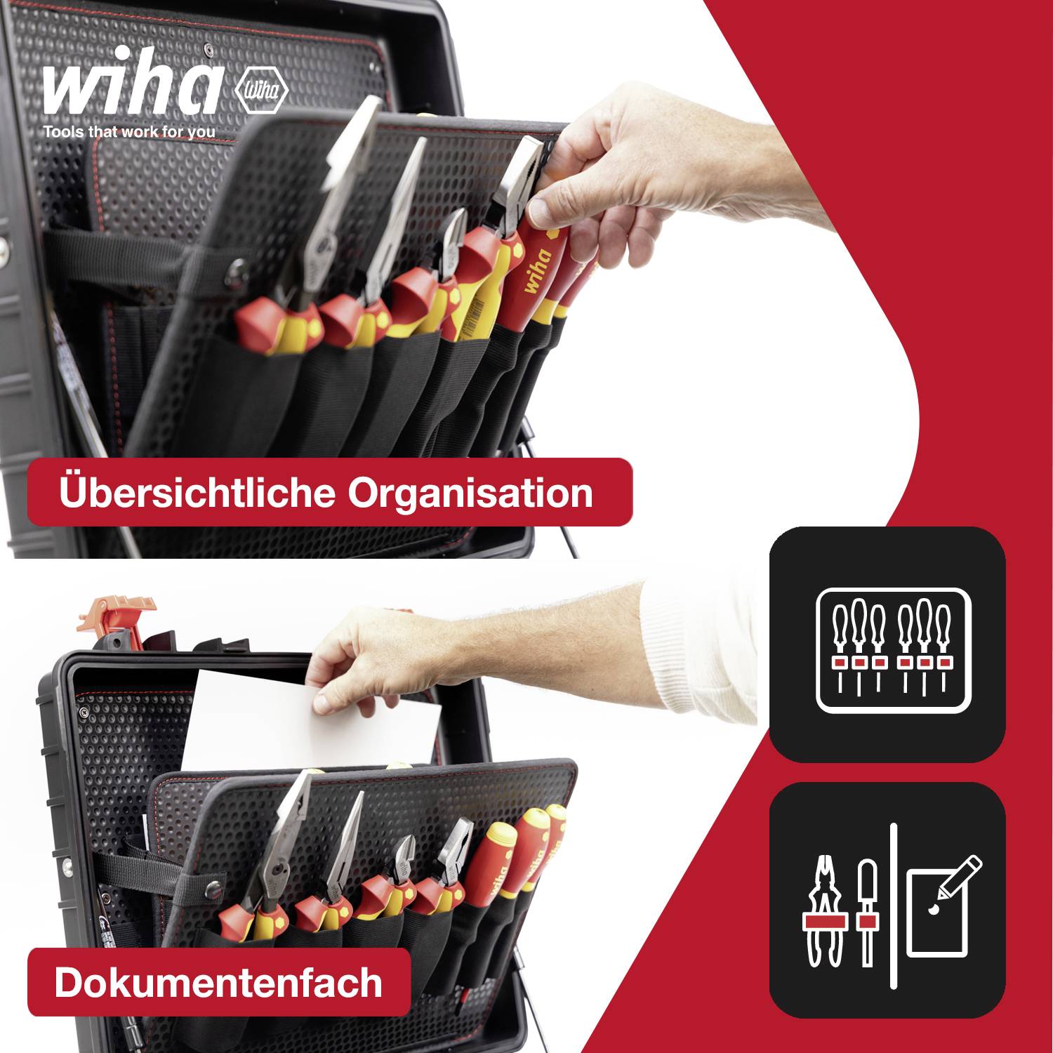 „Přehledná organizace" ukazuje uspořádanou zásuvku s šroubováky. „Dokumentová přihrádka" znázorňuje integrovaný úložný prostor. Dva symboly objasňují funkce.