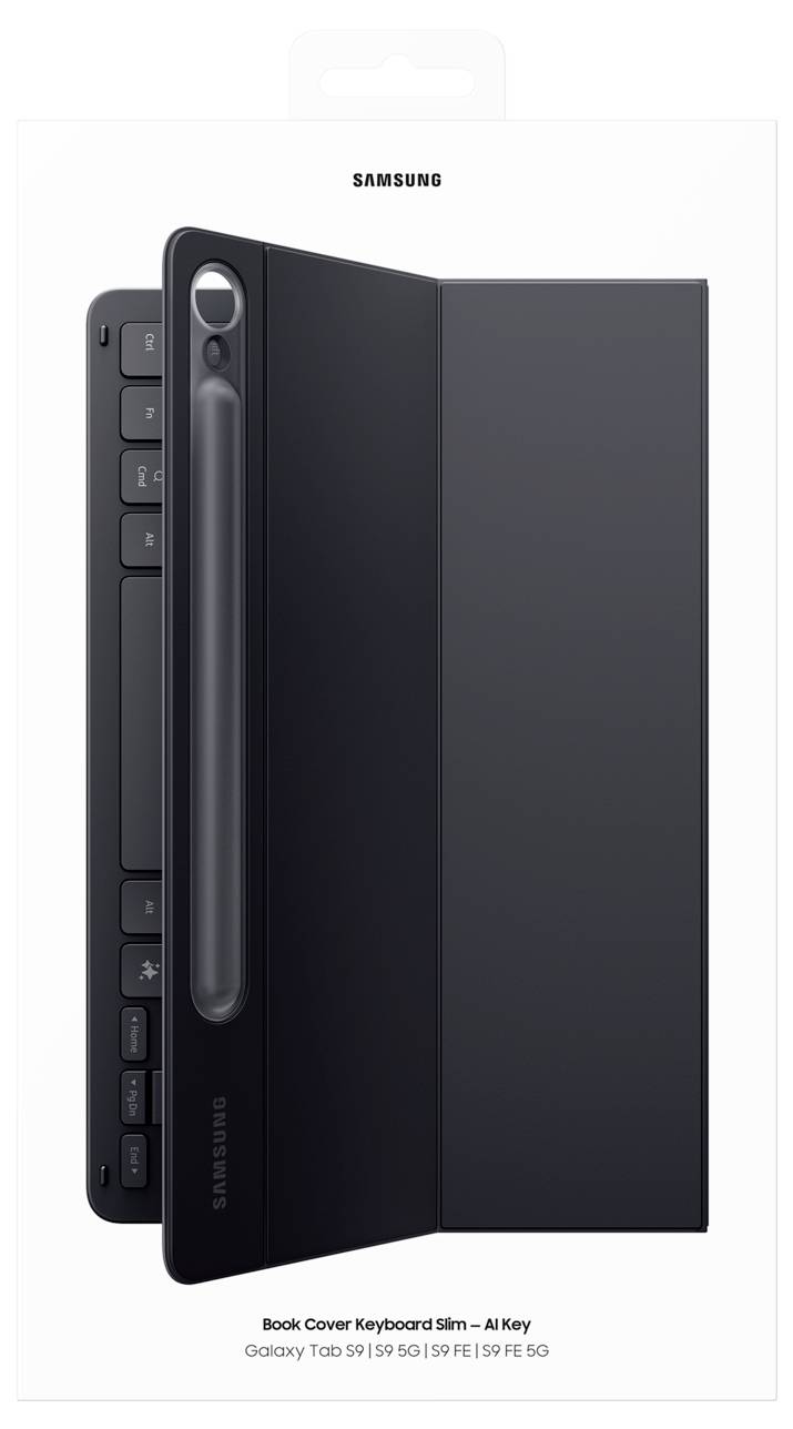 Černý kryt klávesnice pro tablety Samsung, otevřený tak, aby odhaloval klávesnici pod ním. Nahoře je napsáno 'Samsung'.