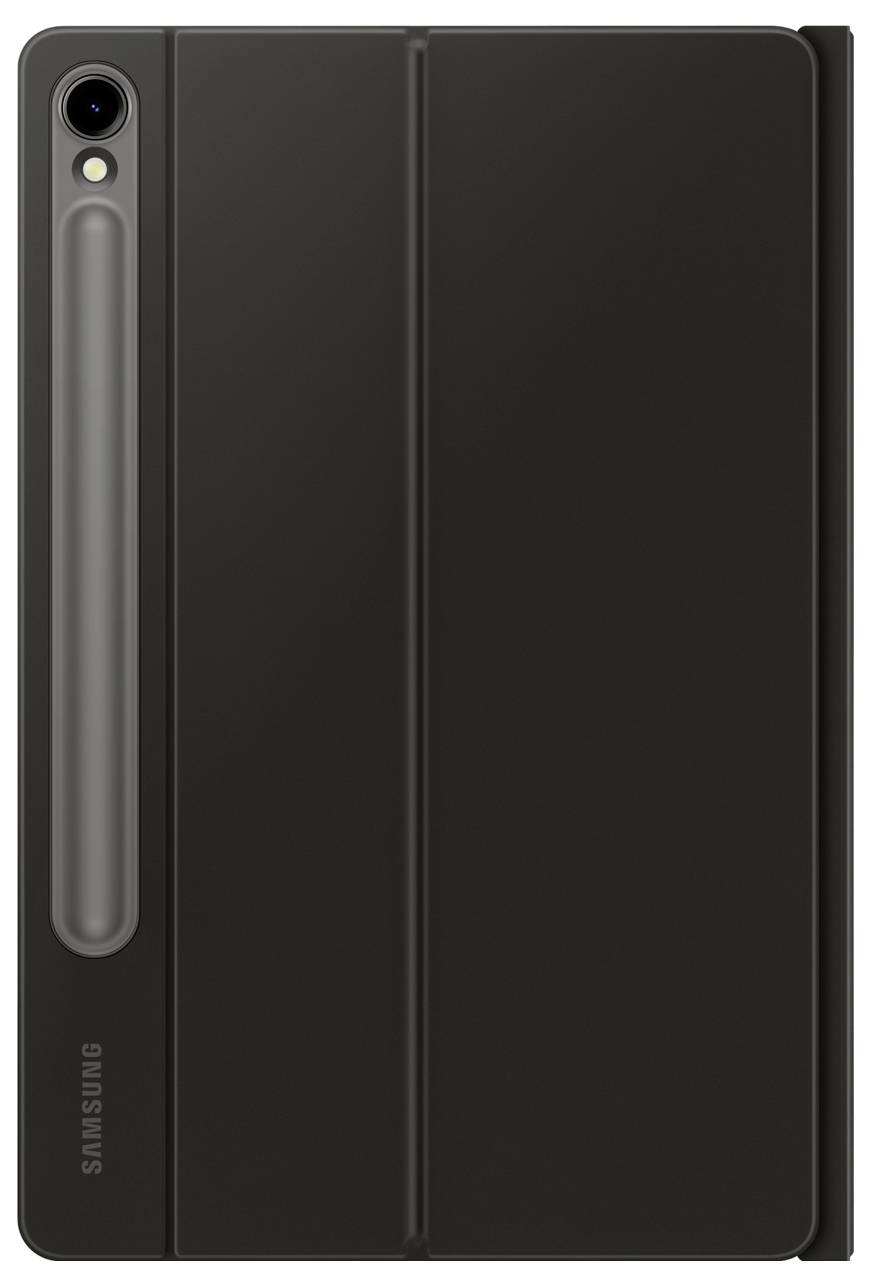 Zadní strana černého tabletu Samsung s kamerou a pouzdrem.
