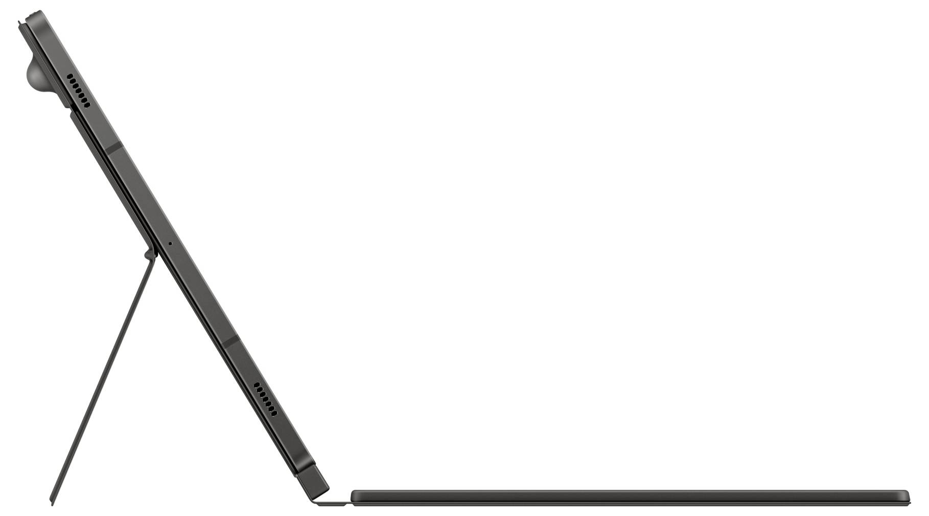 Tablet s ochranným pouzdrem a klávesnicí je umístěno na stojanu po straně, což umožňuje pohodlné sledování a používání.