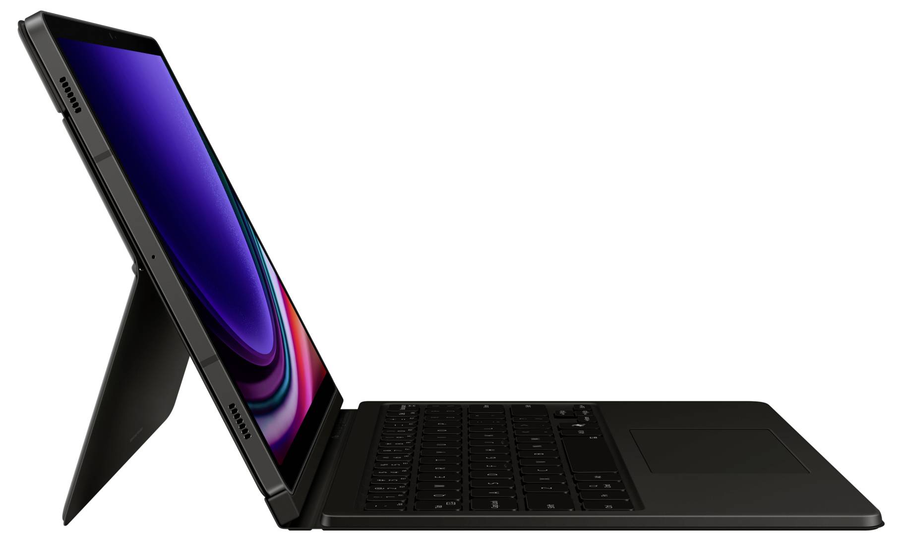 Černý tablet s klávesnicovou ochranou v módu laptopu, pohled z boku. Obrazovka zobrazuje abstraktní barevný vzor.
