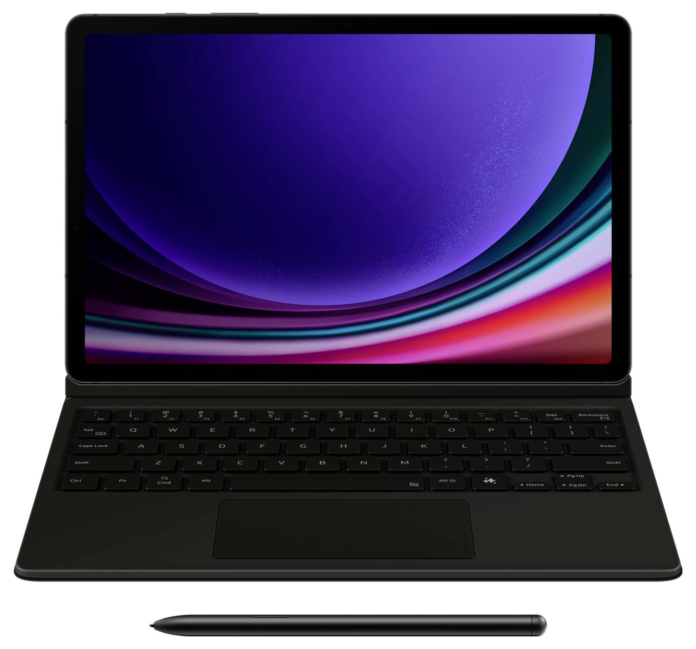 Tablet s klávesnicí a perem, zobrazující barevné pozadí obrazovky. Ideální pro kreativní práci a poznámky.