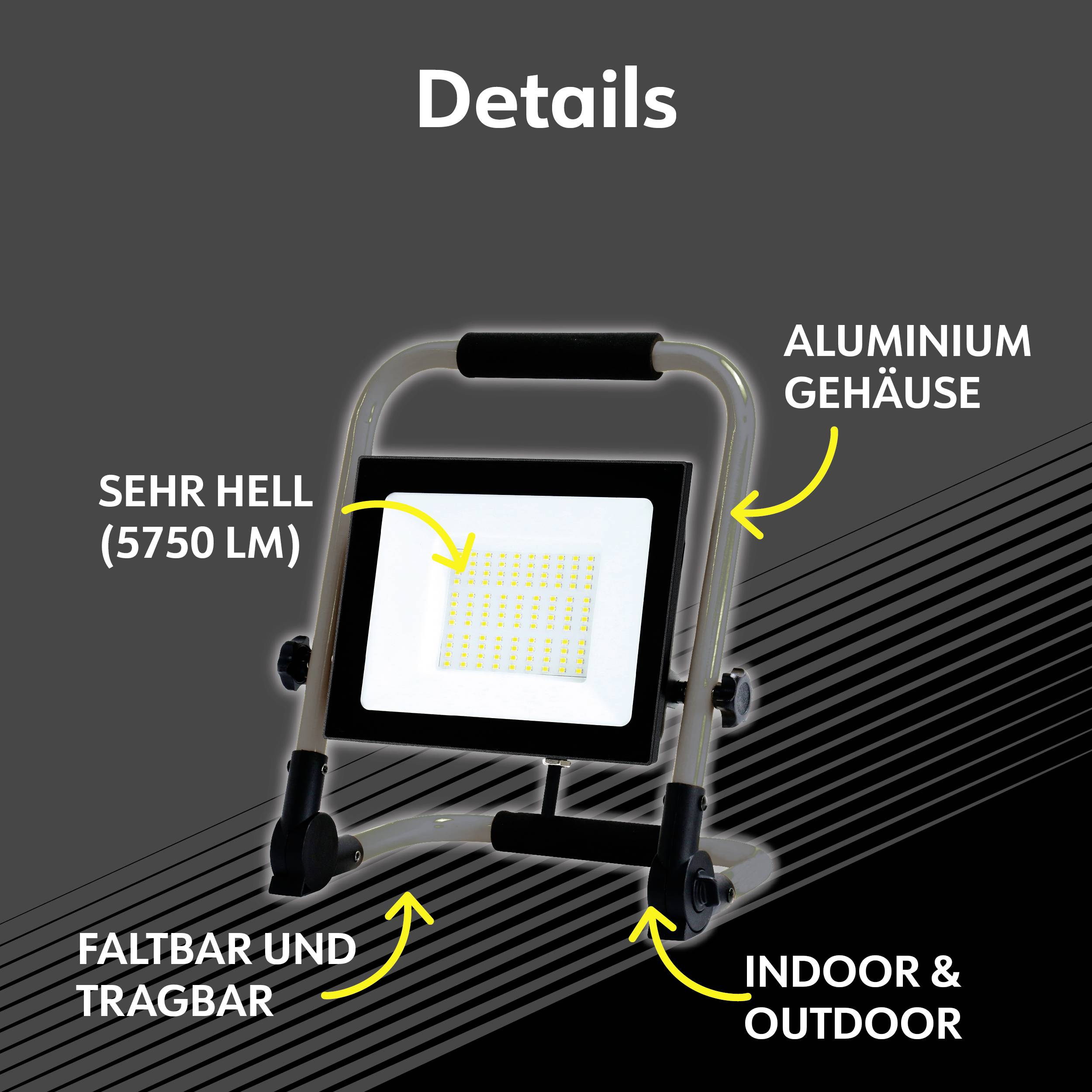 'Details' ukazuje LED reflektor s 5750 lumeny, v hliníkovém pouzdře, skládací, přenosný, vhodný pro vnitřní i venkovní použití.