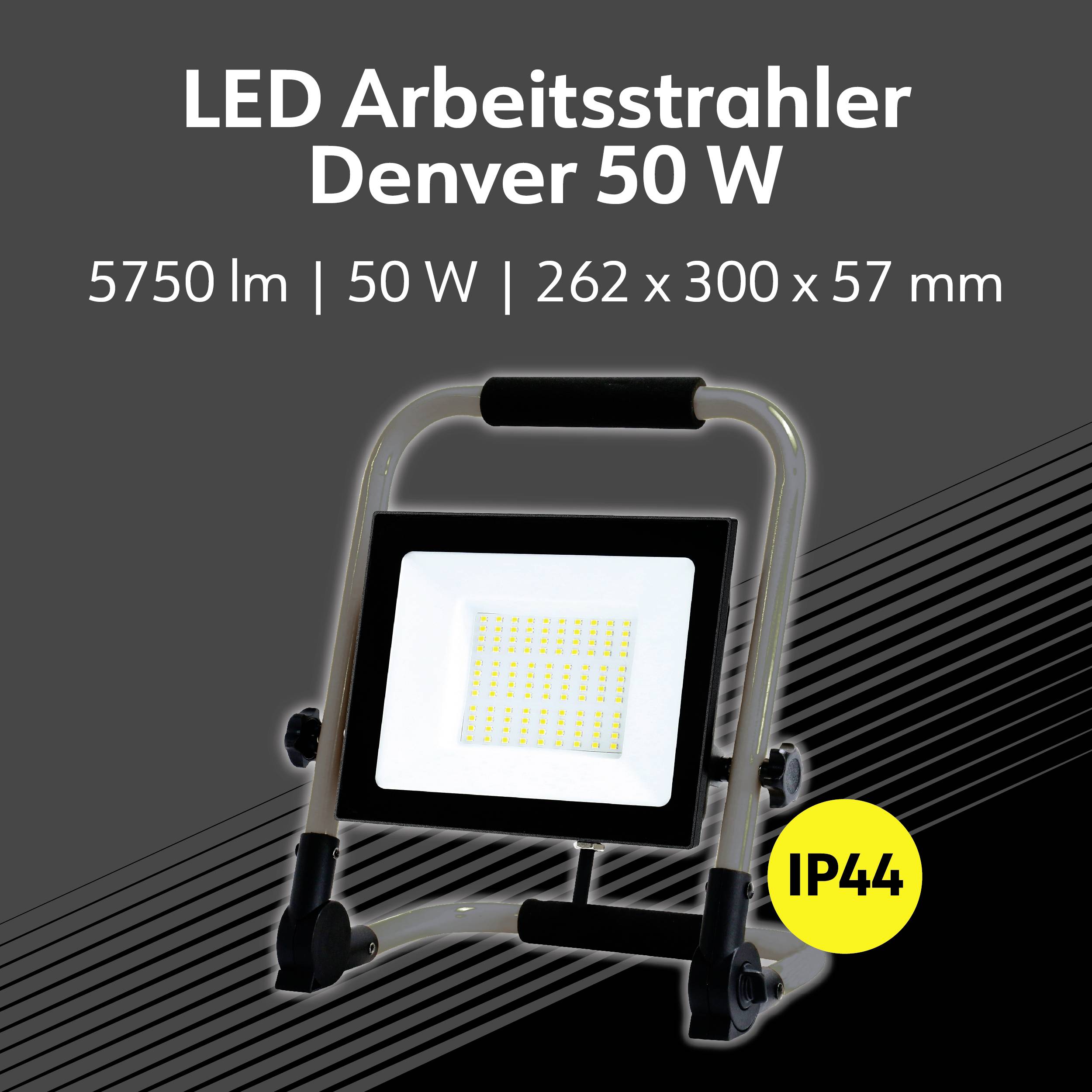 LED pracovní reflektor 'Denver 50 W' s 5750 lm, IP44, rozměry: 262 x 300 x 57 mm.