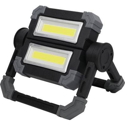 Dvoitý LED pracovní reflektor s černým tělem a šedými akcenty, umístěný na sklopném stojanu, ideální pro staveniště nebo dílny.