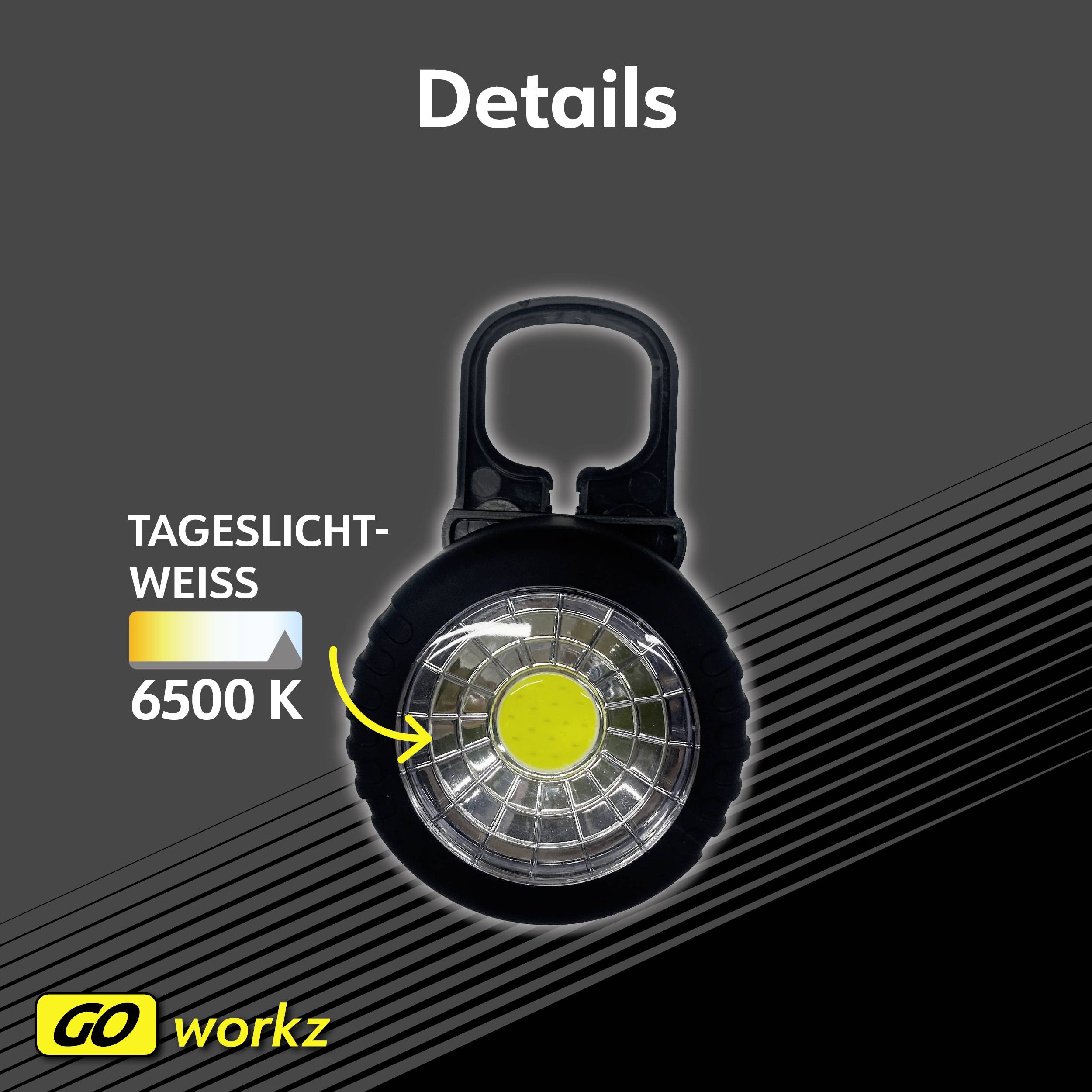 Nahoře stojí 'Details'. Ve středu je umístěna kulatá svítilna s denním světlem o teplotě 6500 K. Logo vlevo dole: 'GO workz'.