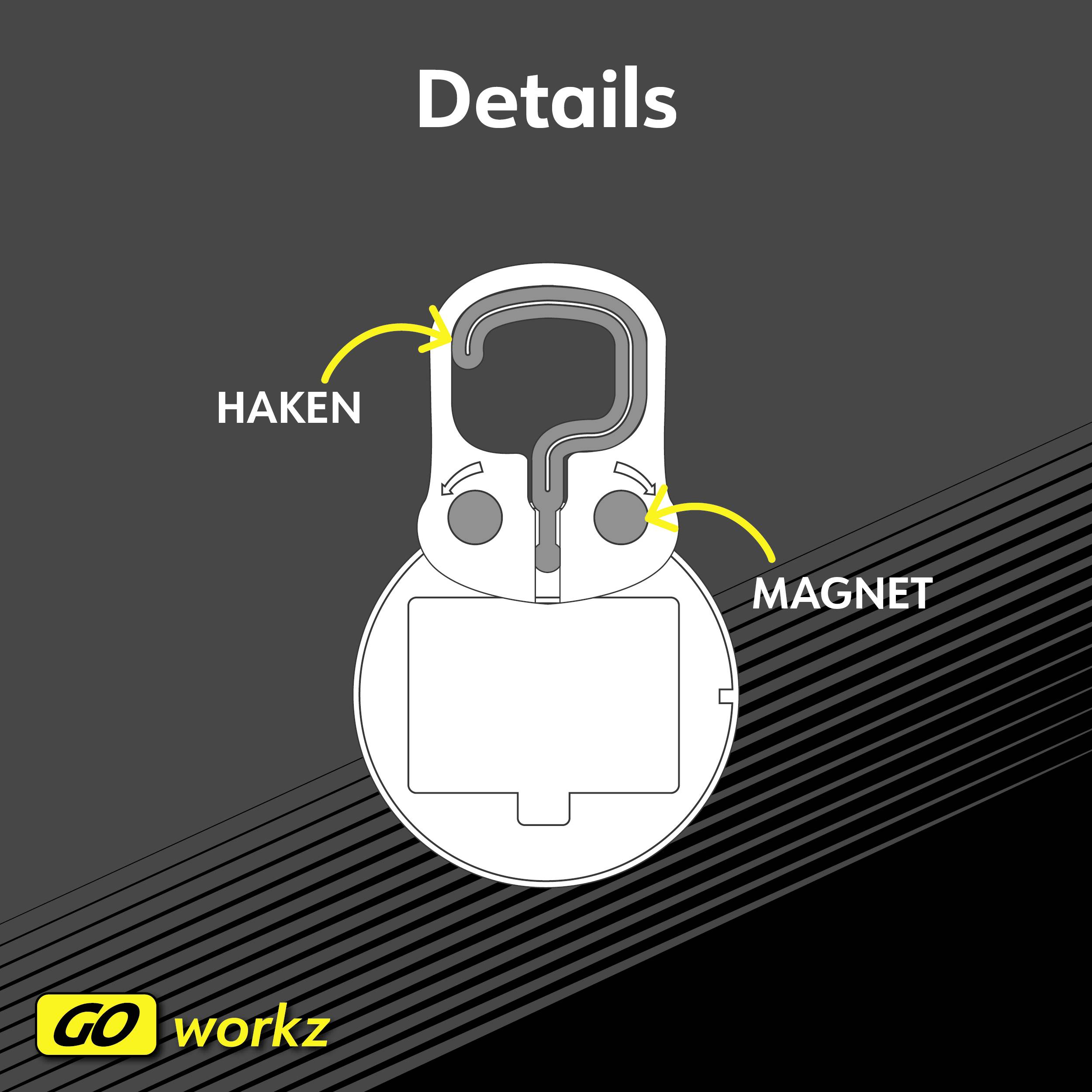 'Detaily': Diagram upevňovacího zařízení s vyznačenými díly 'Hák' a 'Magnet'. Logo značky 'GO workz' v rohu.