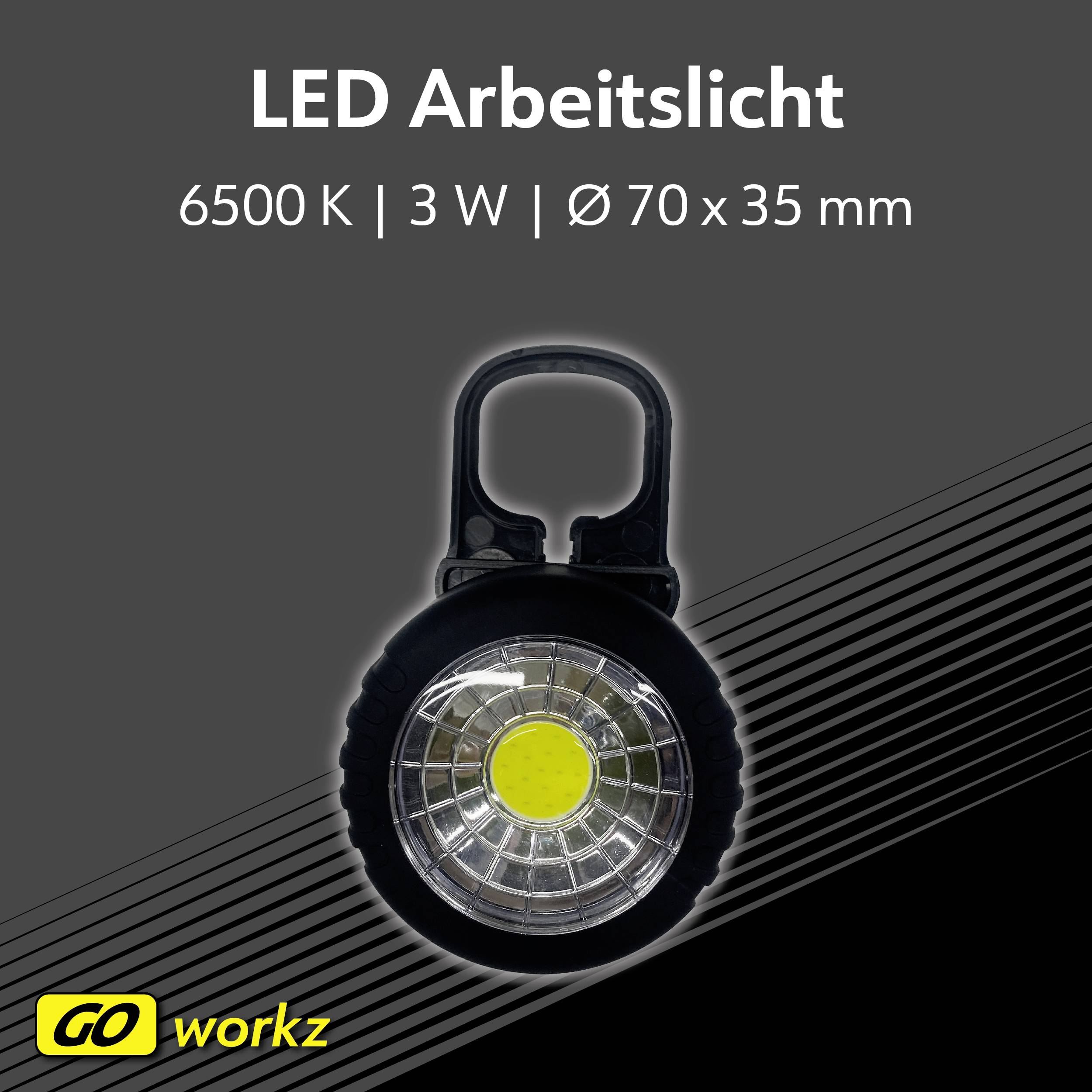 LED pracovní světlo s 6500 K, 3 W. Rozměry: průměr 70 × 35 mm. Název značky v levém dolním rohu obrázku.