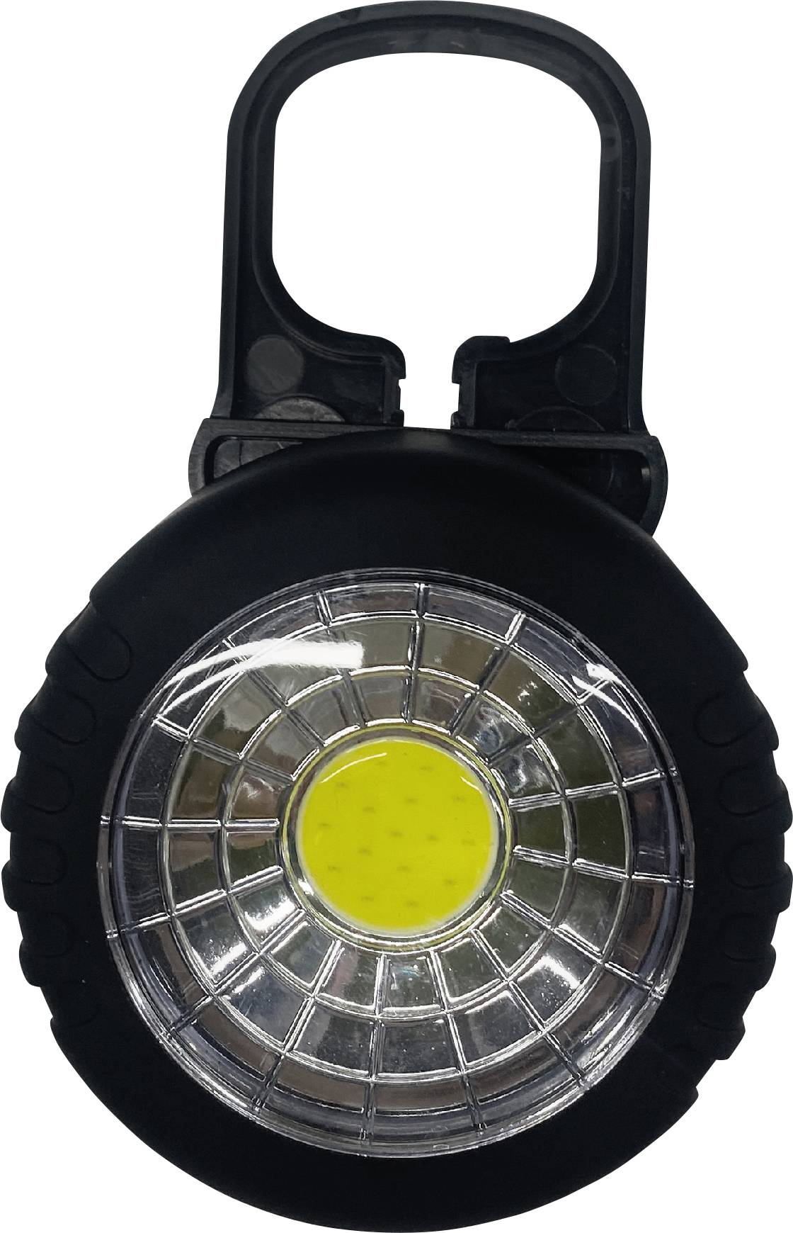Přenosná LED lampa s rukojetí, vhodná pro venkovní aktivity nebo jako kempingové světlo. Kulatý design s černým tělem.