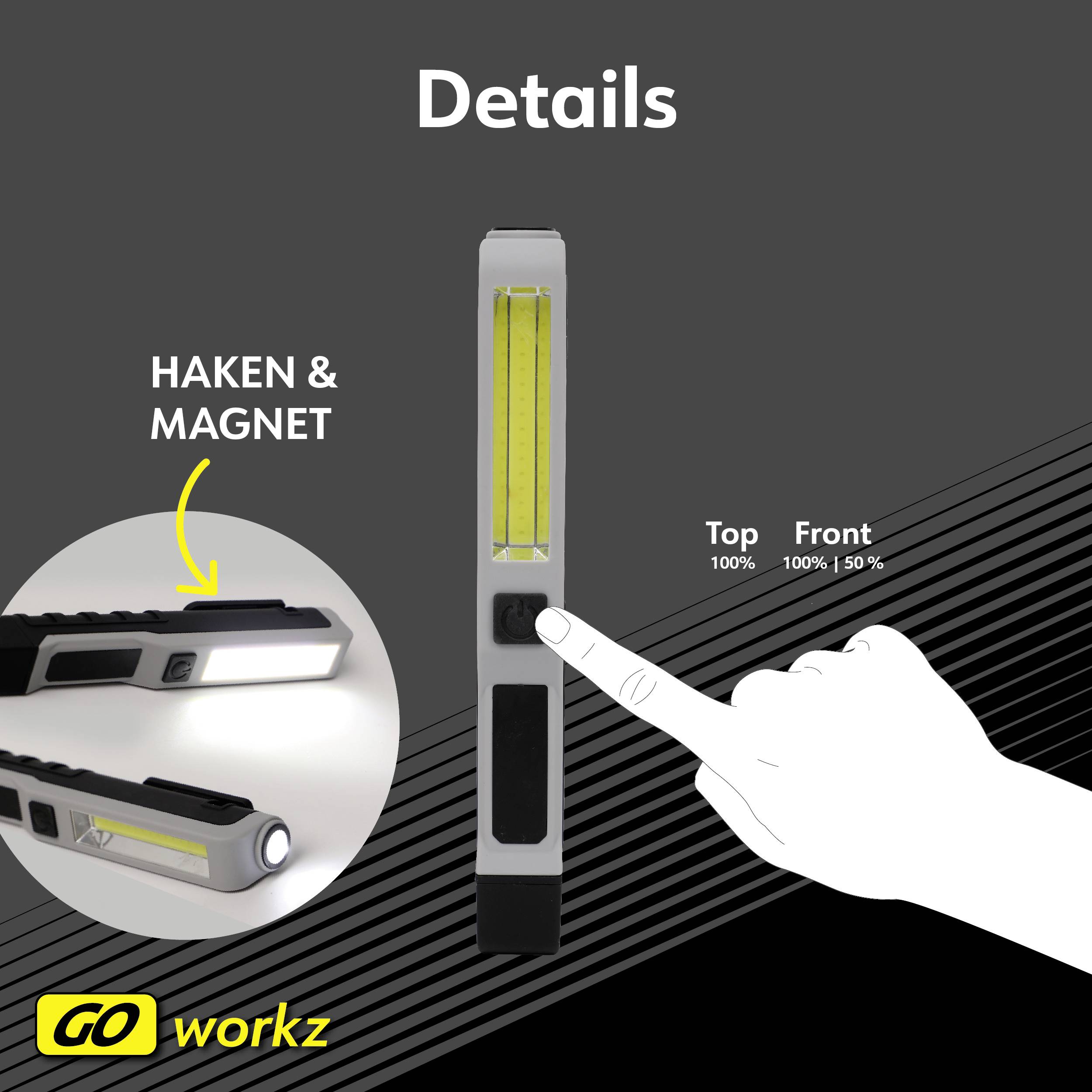Detaily projektu LED svítidla s magnetickým háčkem a nastaveními pro horní a přední osvětlení. Na obrázku je zobrazena ruka stiskující vypínač.