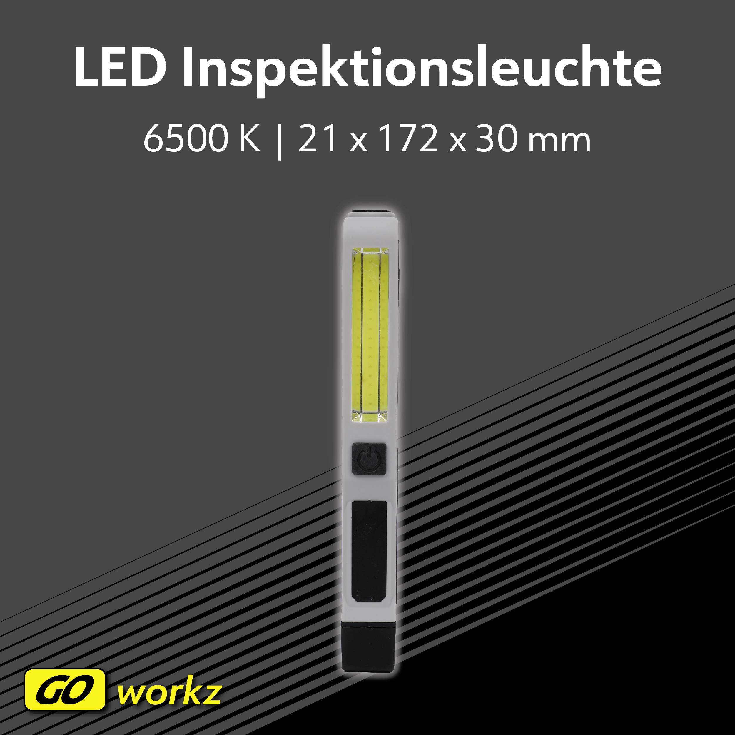 LED inspekční svítilna a technické údaje: 6500 K, rozměry 21 x 172 x 30 mm. Logo výrobce 'GO workz' dole vlevo.