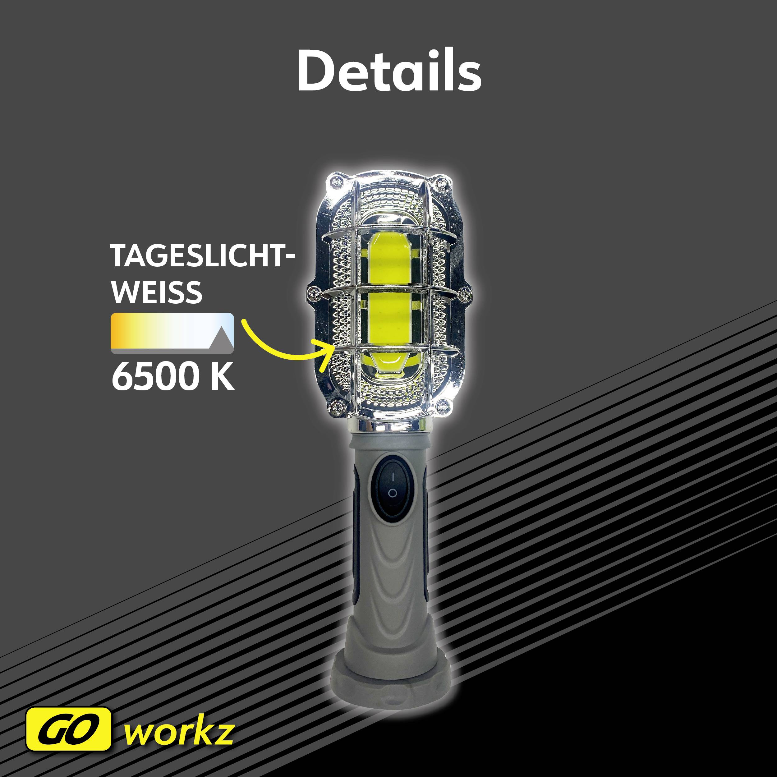 Přenosná svítilna s denním světlem bílé barvy o teplotě 6500 K. Text 'Detaily' nahoře se zvýrazněnou barvou světla. Dole logo 'GO workz'.