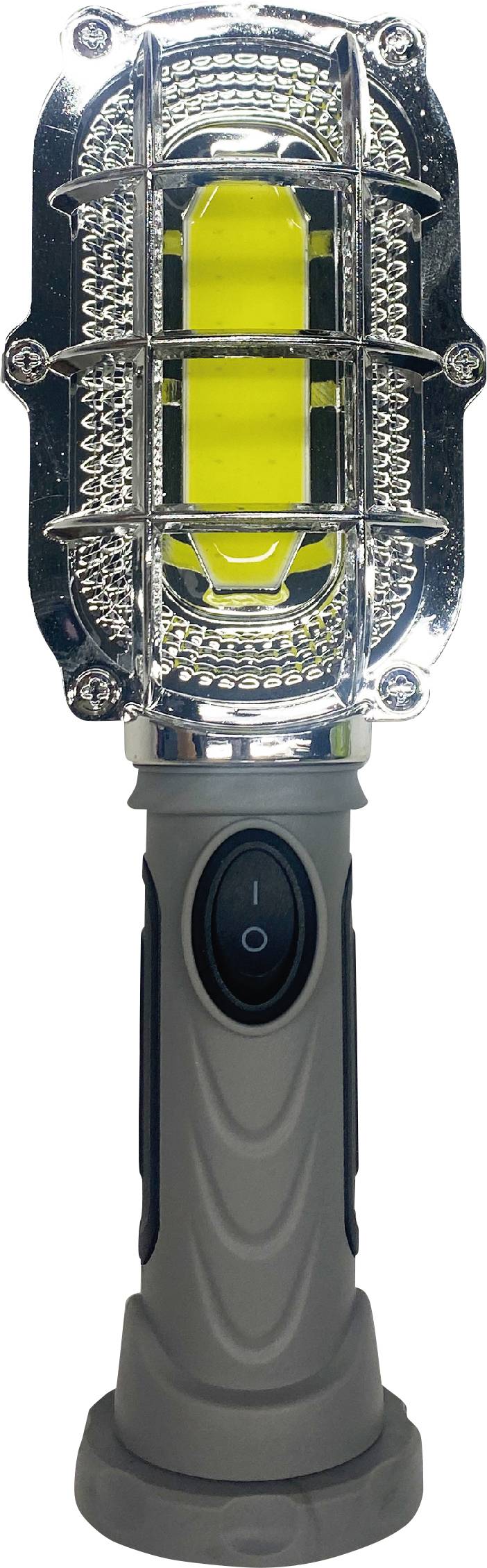 Ruční lampa s šedou rukojetí a kovovým ochranným košem kolem světelné plochy. Povrch obsahuje vypínač zapnuto/vypnuto. Vhodná pro použití v dílně.