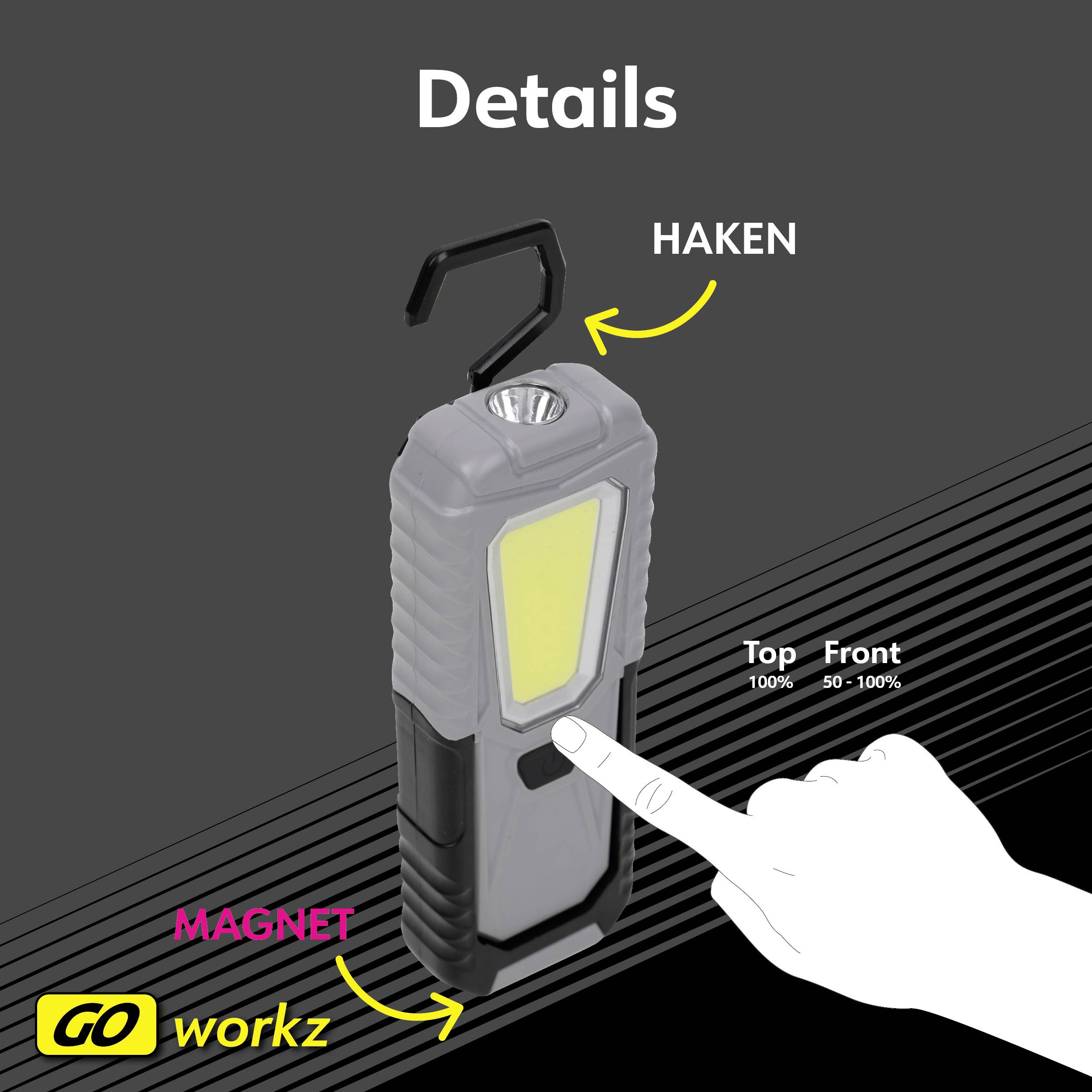 Multifunkční pracovní lampa s hákem a magnetem. Zobrazuje přední a horní pohled. Vhodná pro různé způsoby použití.