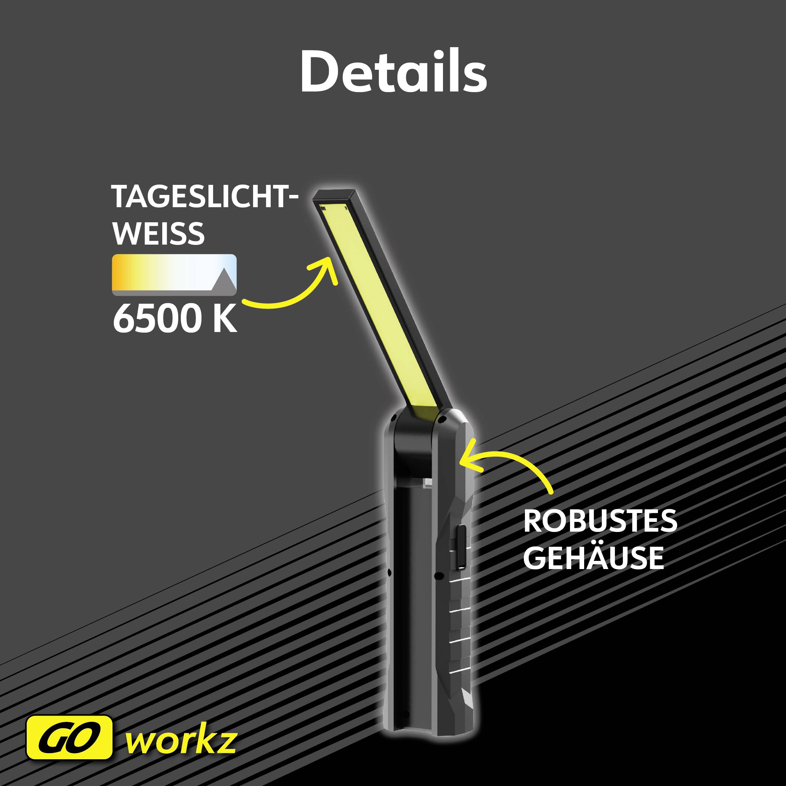 Na obrázku je přenosná LED lampa od GO Workz se světlem denní bílé barvy o teplotě 6500 K. Lampa má robustní kryt.