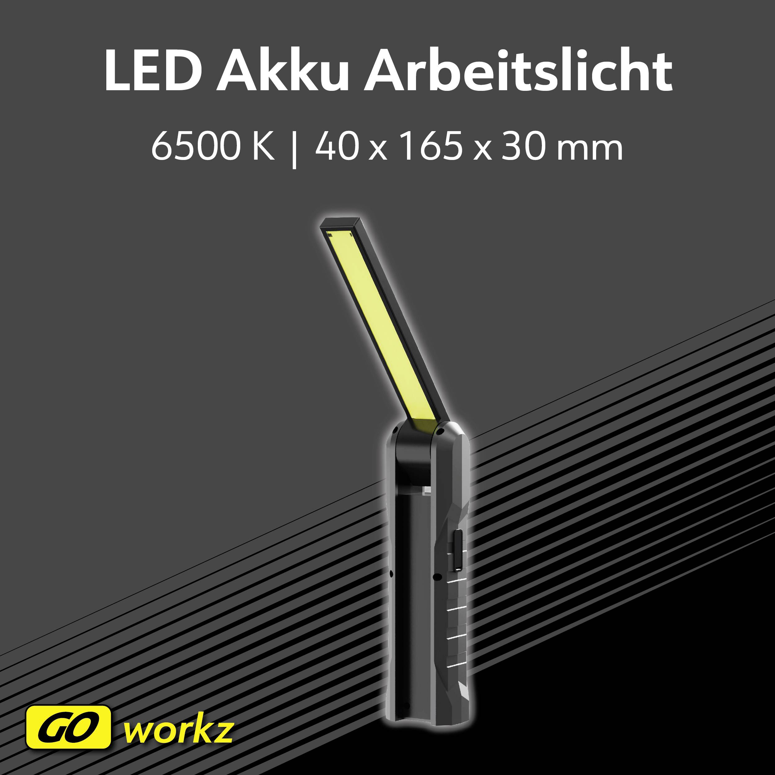 LED akumulátorové pracovní světlo s parametry: 6500 Kelvin, rozměry 40 x 165 x 30 mm. Pod tím logo 'GO workz'.