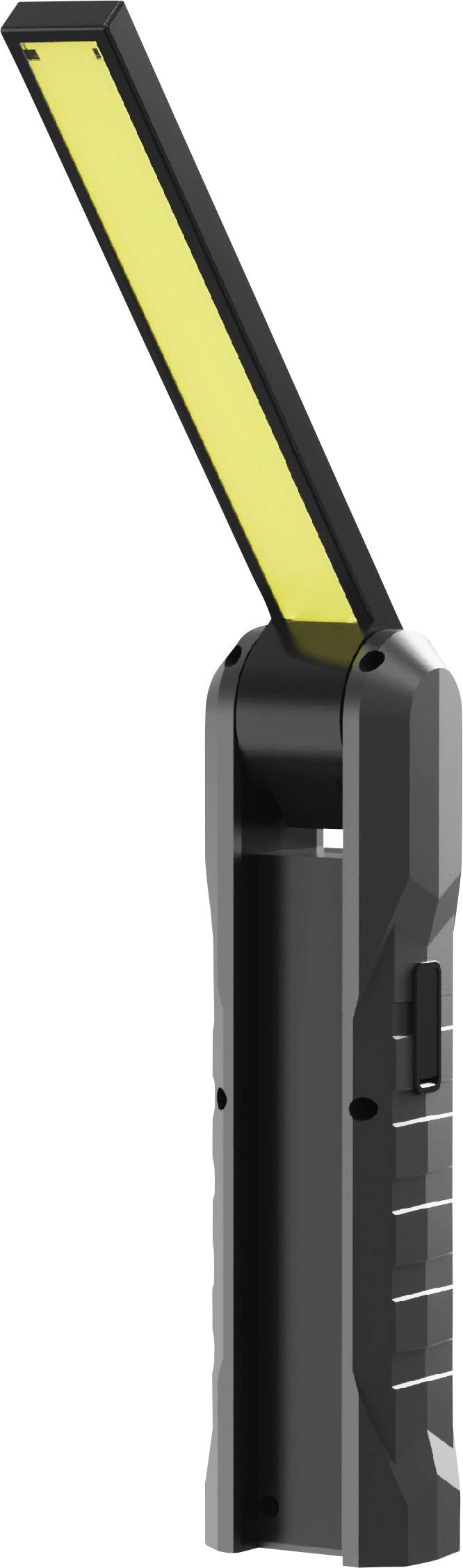 Přenosná LED pracovní svítilna s černým tělem a žlutým světelným pruhem, vhodná pro opravárenské nebo venkovní práce.