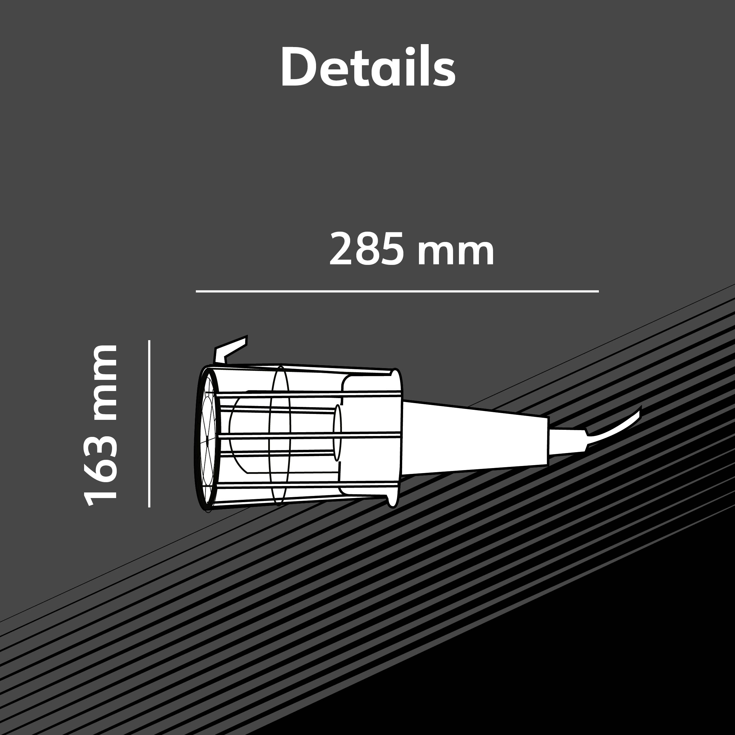 Technický výkres válcového předmětu. Rozměry: 163 mm výška, 285 mm délka, s kabelovým připojením vpravo. Horní text: 'Detaily'.