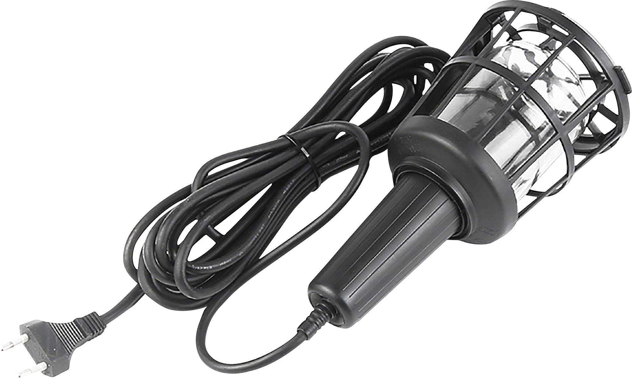 Přenosná pracovní lampa s černým ochranným krytem a dlouhým kabelem. Ideální pro práci v tmavých nebo špatně dostupných prostorech.