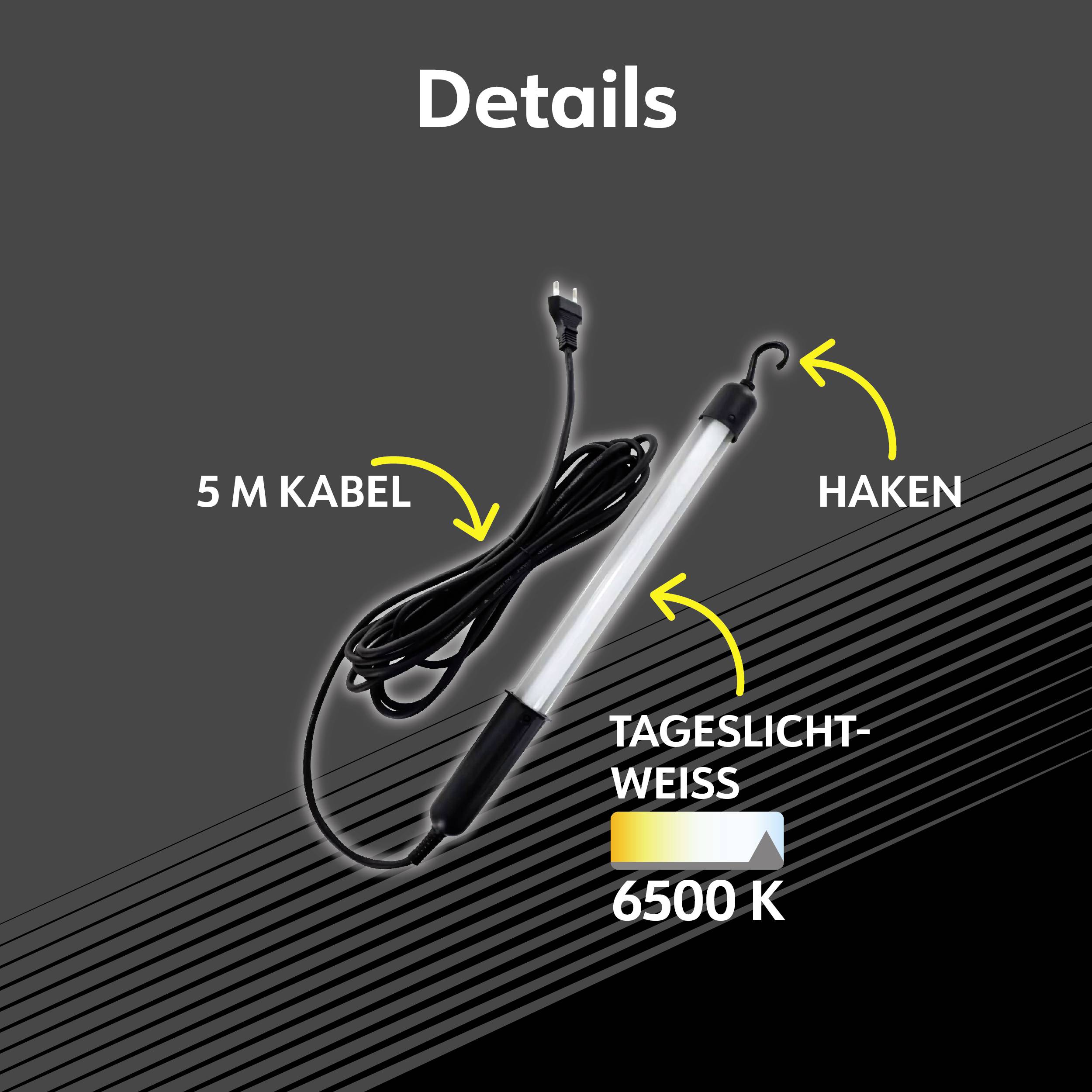 Denní světlo LED lampa v bílé barvě s 5m kabelem, háčkem pro snadné upevnění; barva světla: 6500 K