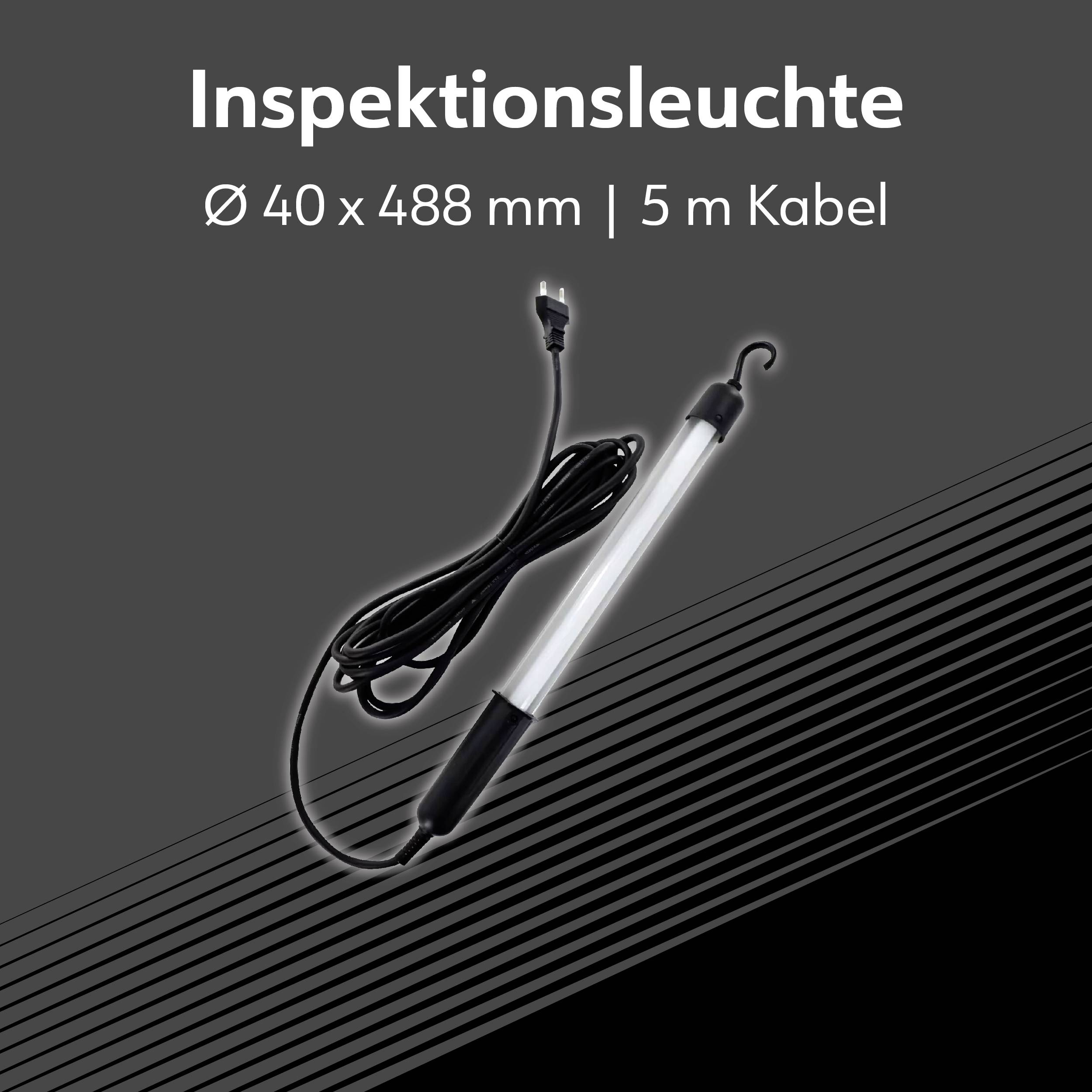 Inspekční svítilna s hákem, černá rukojeť, 5 metrů kabelu. Text na obrázku: 'Inspekční svítilna Ø 40 x 488 mm | 5 m kabel'.