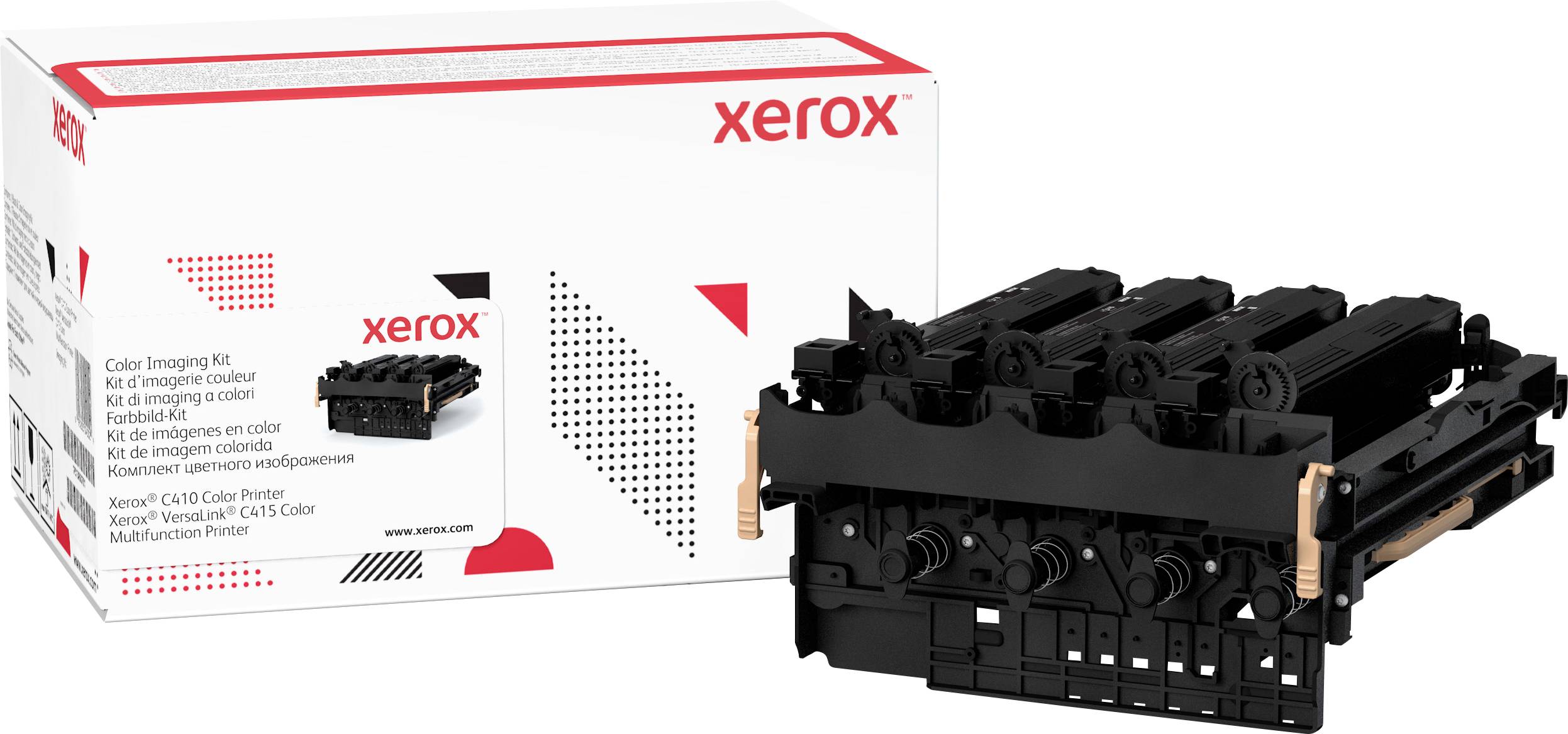 Tonerová kazeta pro tiskárny Xerox vedle obalu. Obal zobrazuje logo Xerox a obrázek kazety.