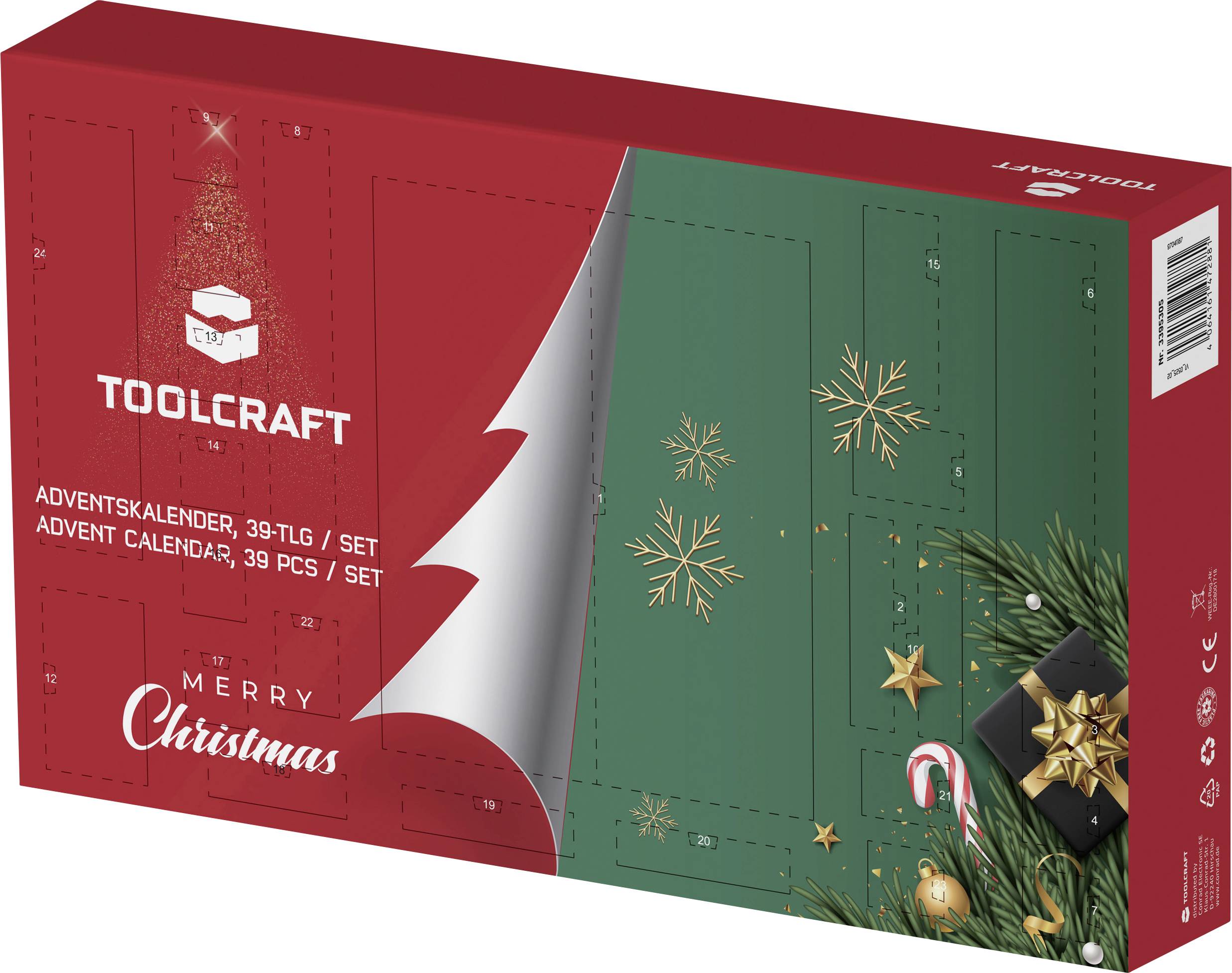 Adventní kalendář TOOLCRAFT, sada 39 kusů s červeno-zeleným vánočním designem. Dekorován sněhovými vločkami, cukrovou holí a jehličnatým motivem.