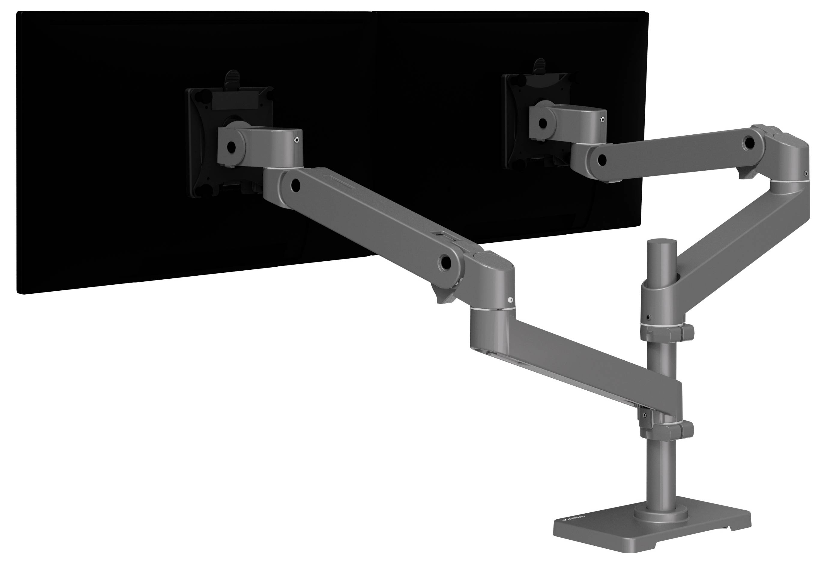 Dvojitý stojan na monitory se dvěma pohyblivými rameny v šedé barvě. Ideální pro upevnění dvou monitorů na psacím stole.