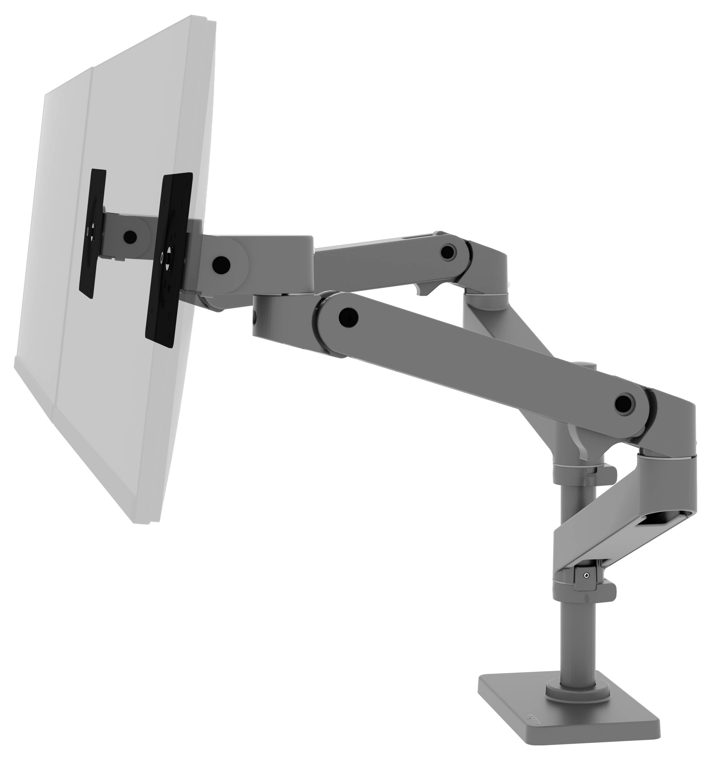 Nastavitelné rameno monitoru se dvěma klouby, upevněné na stojanové základně, představuje ergonomické řešení pro pracovní monitory.