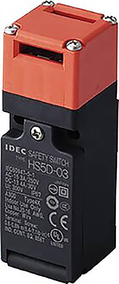 Červeno-černý bezpečnostní spínač od společnosti IDEC, model HS5D-03, s technickými specifikacemi na přední straně.