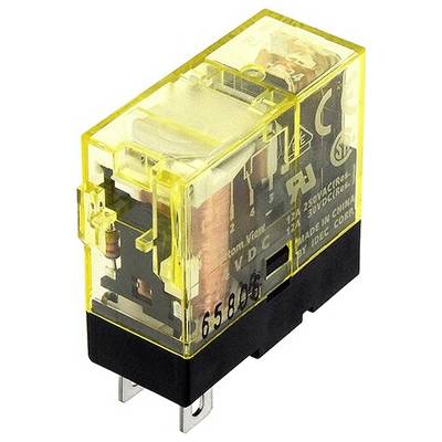Žluté elektrické relé s černými svorkami, vhodné pro 250V AC/30V DC, vyrobené v Číně.