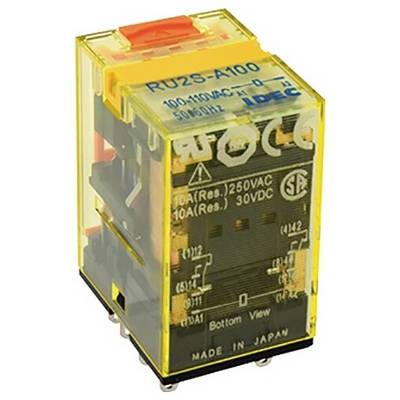Relé s nápisem 'RU2S-A100'. Vhodné pro 100-110VAC a 10A (Res.). Výrobce a původ: Japonsko.