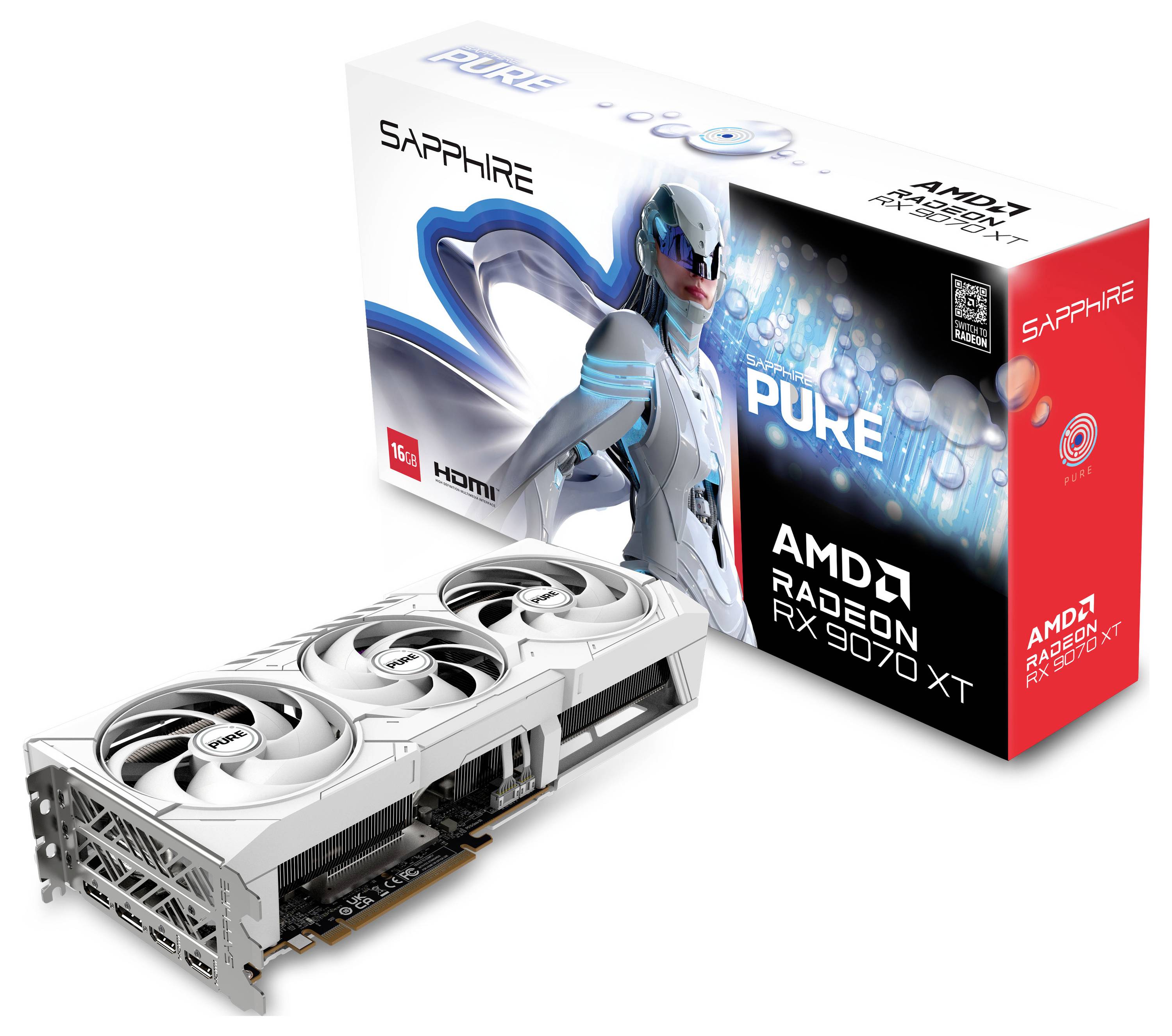 Grafická karta AMD Radeon RX 7900 XT v bílém provedení s obalem vykazujícím futuristický charakter.