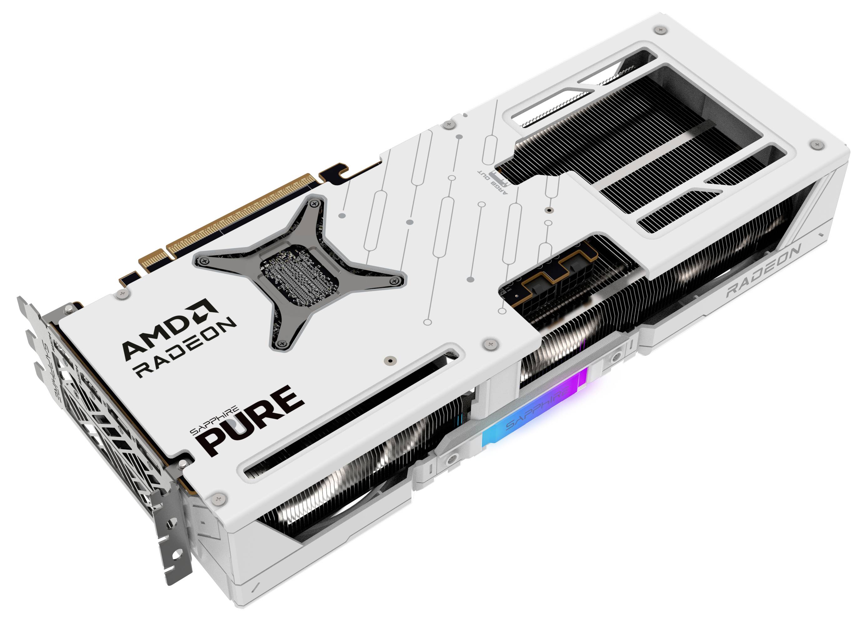 Grafická karta AMD Radeon s bílým pouzdrem a ventilátorem. Modelový název 'PURE' je zřetelný. Určená pro vysoce výkonné hraní her a grafické zpracování.