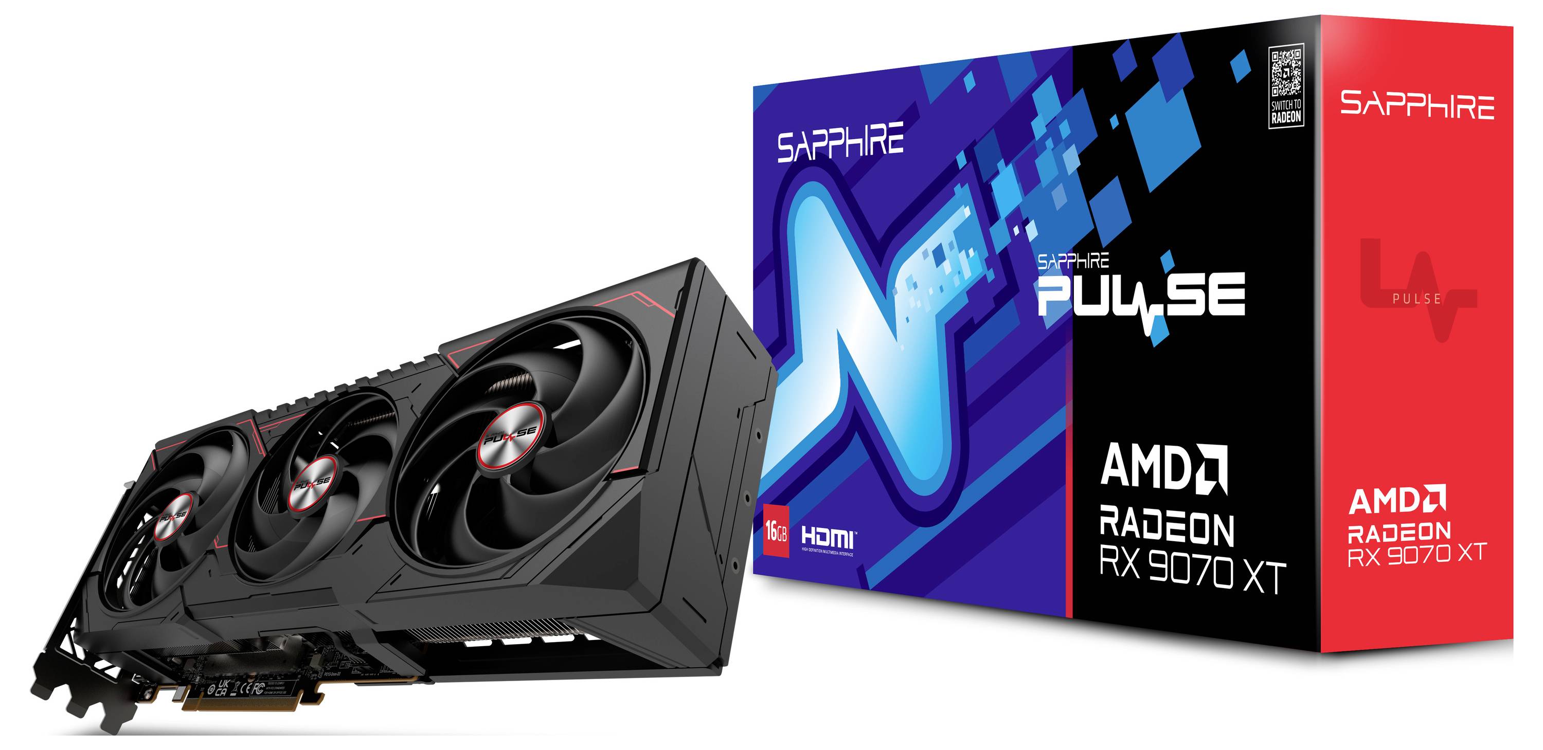 Grafická karta 'Sapphire Pulse AMD Radeon RX 6700 XT' před balením. Krabice zobrazuje název produktu a logo.